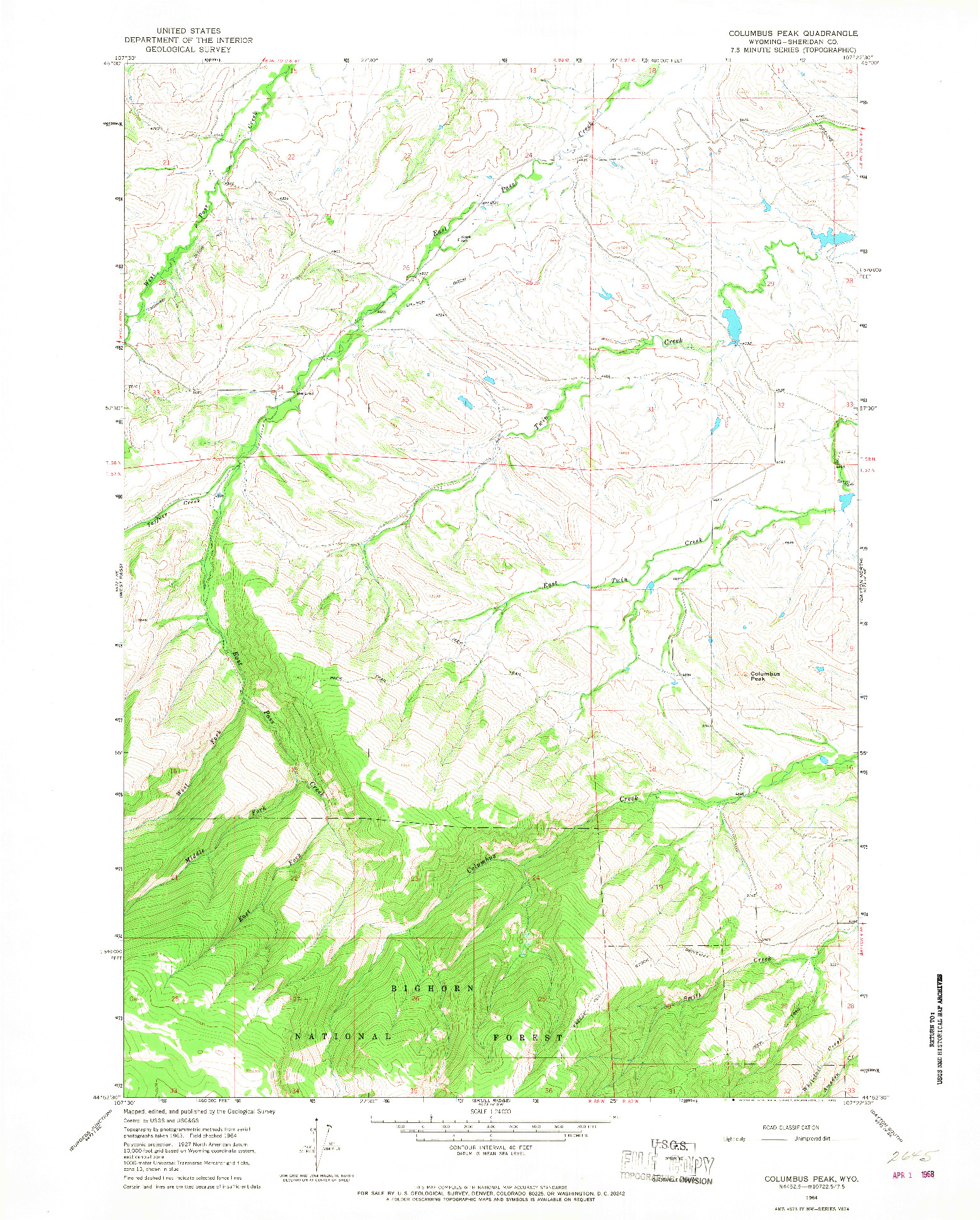 USGS 1:24000-SCALE QUADRANGLE FOR COLUMBUS PEAK, WY 1964