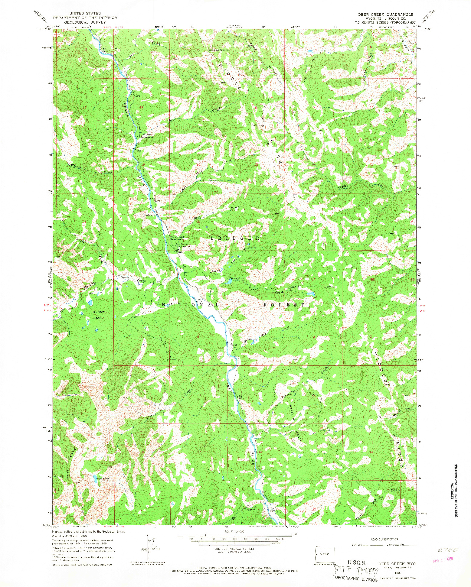 USGS 1:24000-SCALE QUADRANGLE FOR DEER CREEK, WY 1965