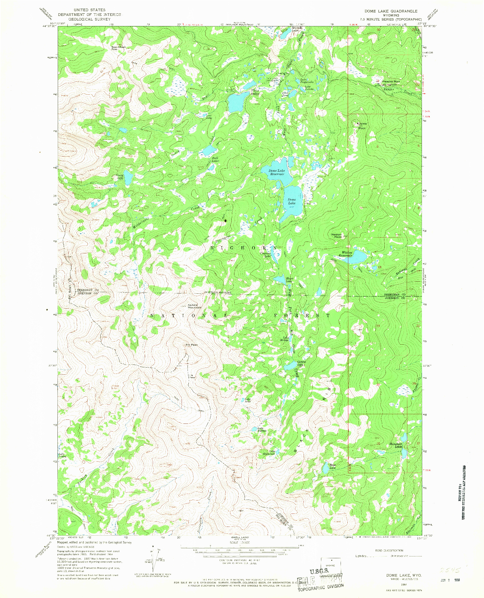 USGS 1:24000-SCALE QUADRANGLE FOR DOME LAKE, WY 1964