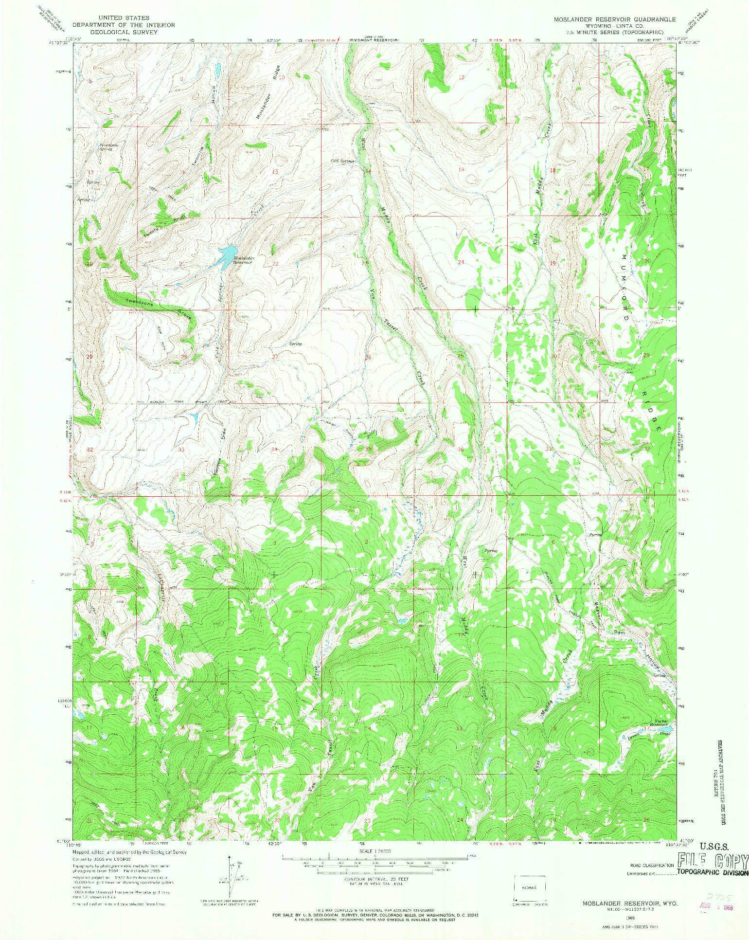 USGS 1:24000-SCALE QUADRANGLE FOR MOSLANDER RESERVOIR, WY 1965