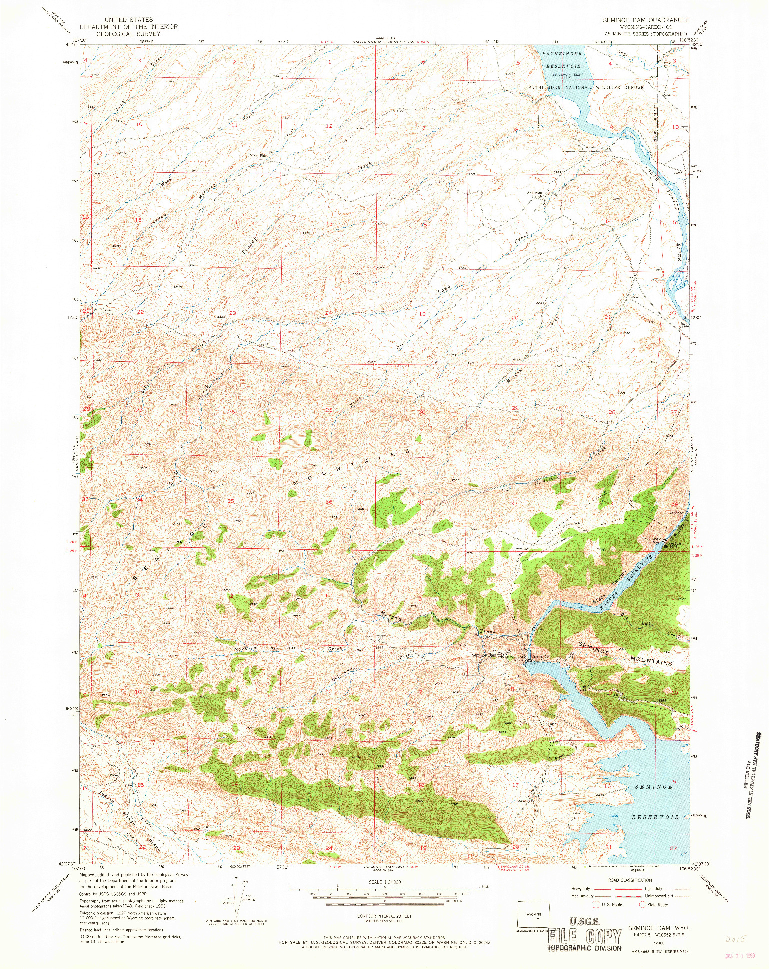 USGS 1:24000-SCALE QUADRANGLE FOR SEMINOE DAM, WY 1953