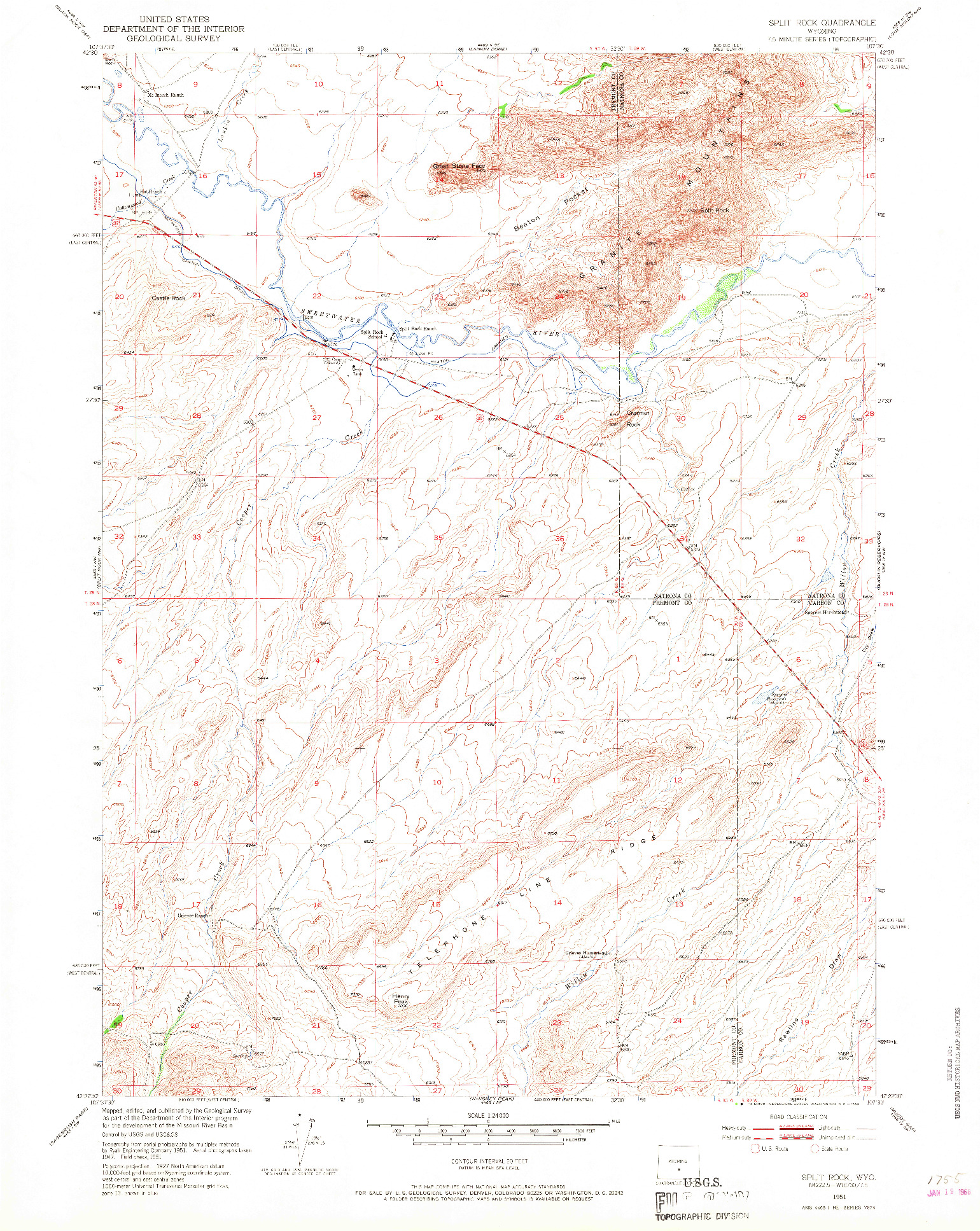 USGS 1:24000-SCALE QUADRANGLE FOR SPLIT ROCK, WY 1951