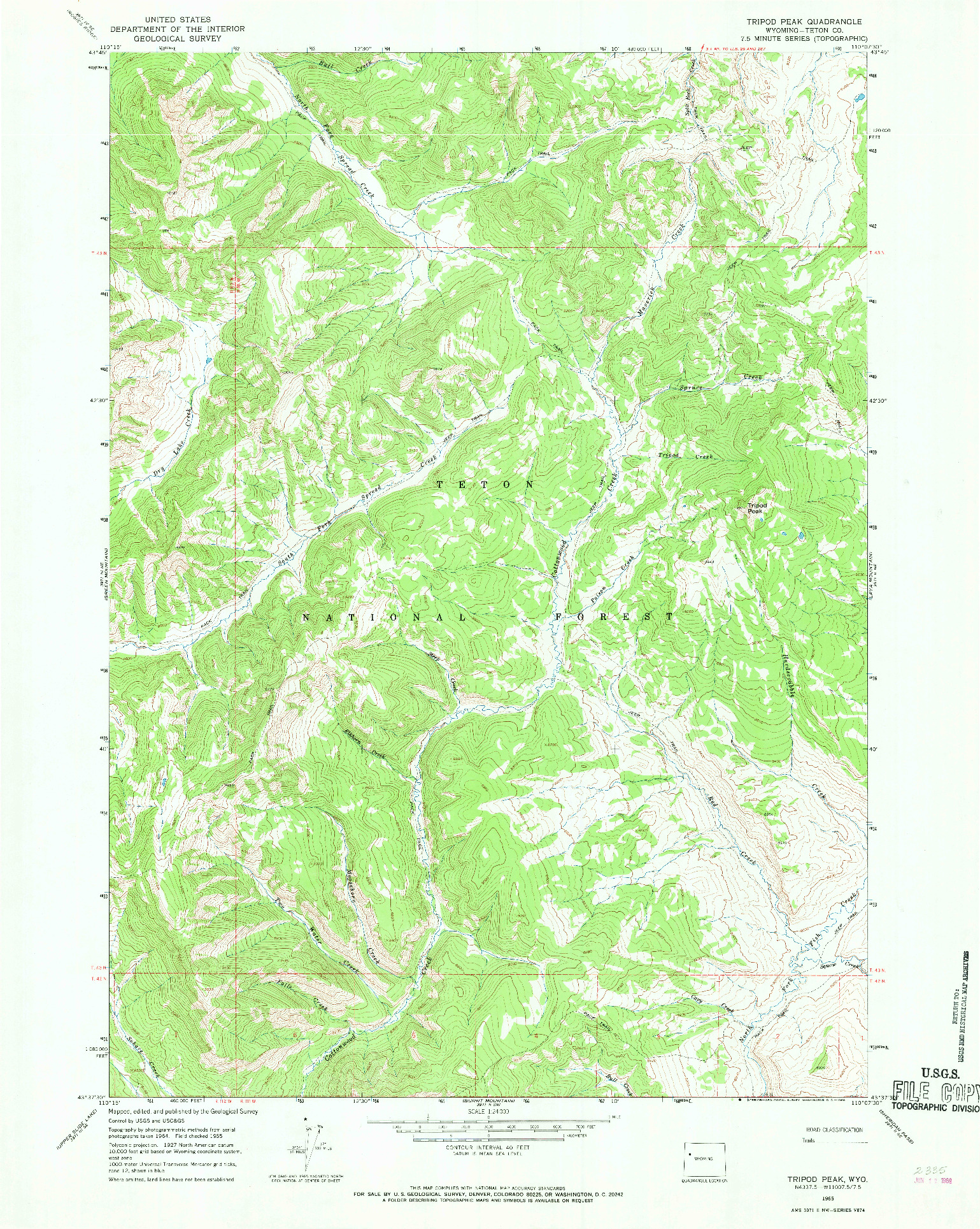 USGS 1:24000-SCALE QUADRANGLE FOR TRIPOD PEAK, WY 1965