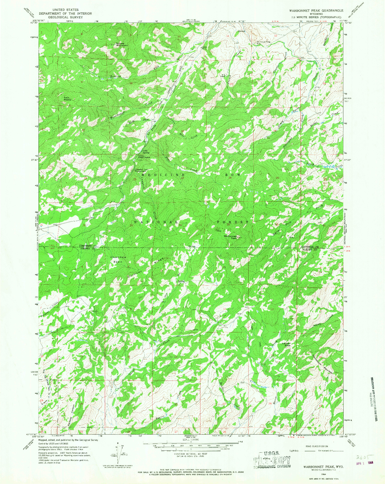 USGS 1:24000-SCALE QUADRANGLE FOR WARBONNET PEAK, WY 1964