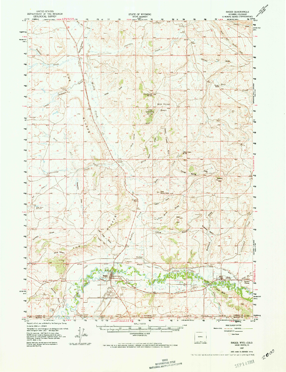 USGS 1:62500-SCALE QUADRANGLE FOR BAGGS, WY 1957