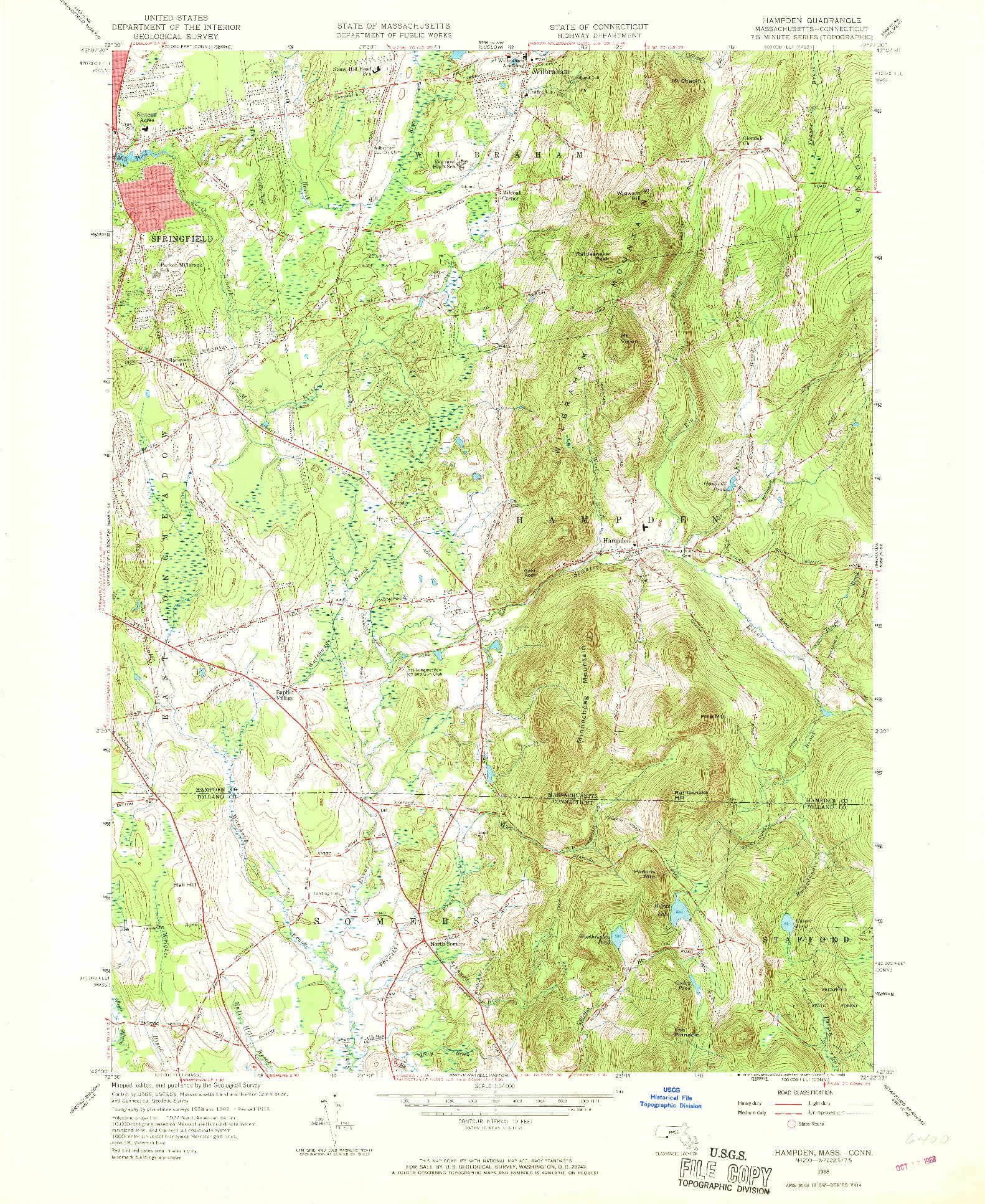 USGS 1:24000-SCALE QUADRANGLE FOR HAMPDEN, MA 1958