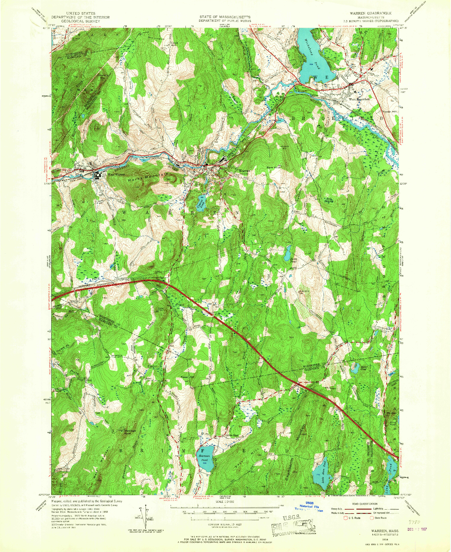 USGS 1:24000-SCALE QUADRANGLE FOR WARREN, MA 1954