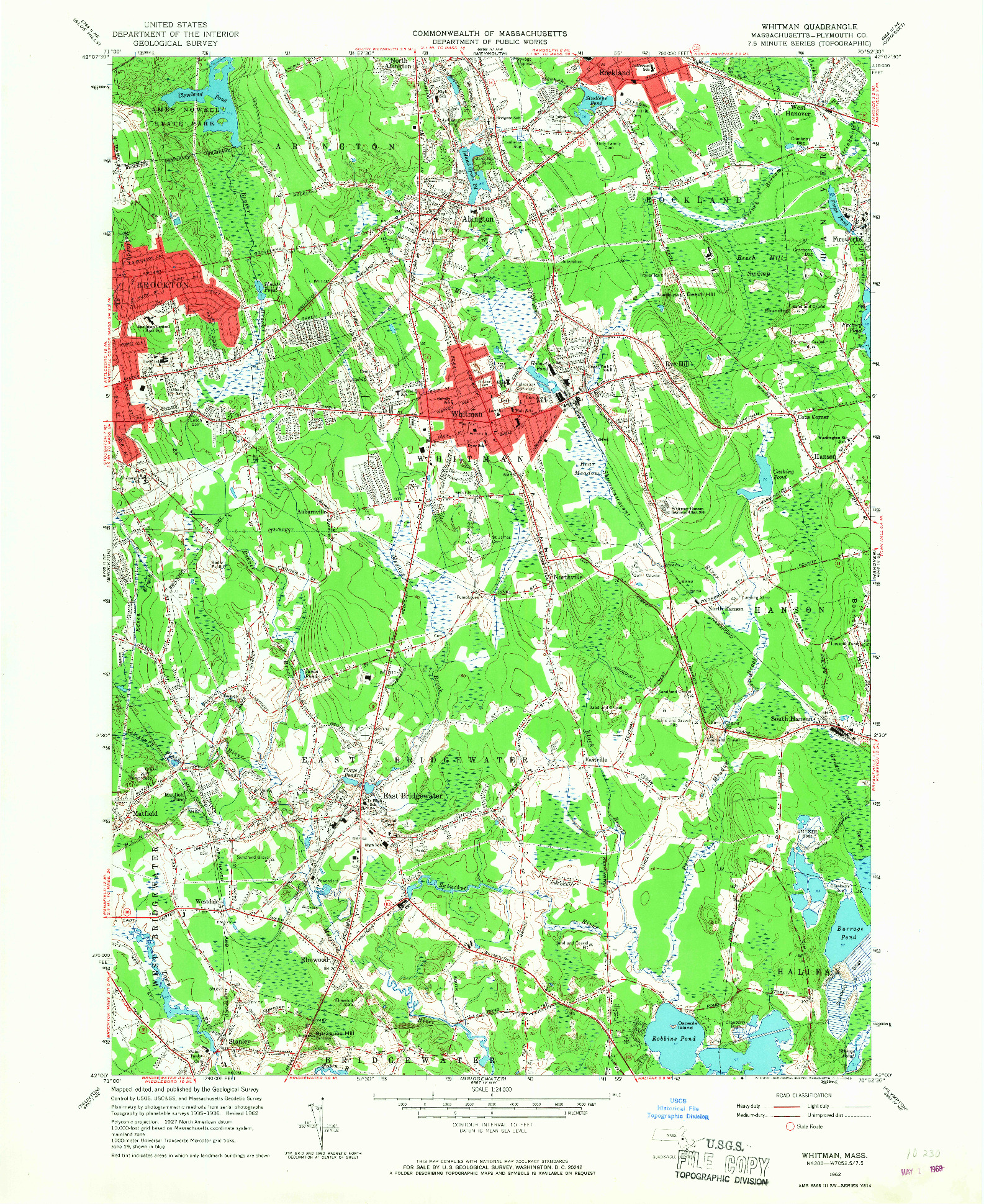 USGS 1:24000-SCALE QUADRANGLE FOR WHITMAN, MA 1962