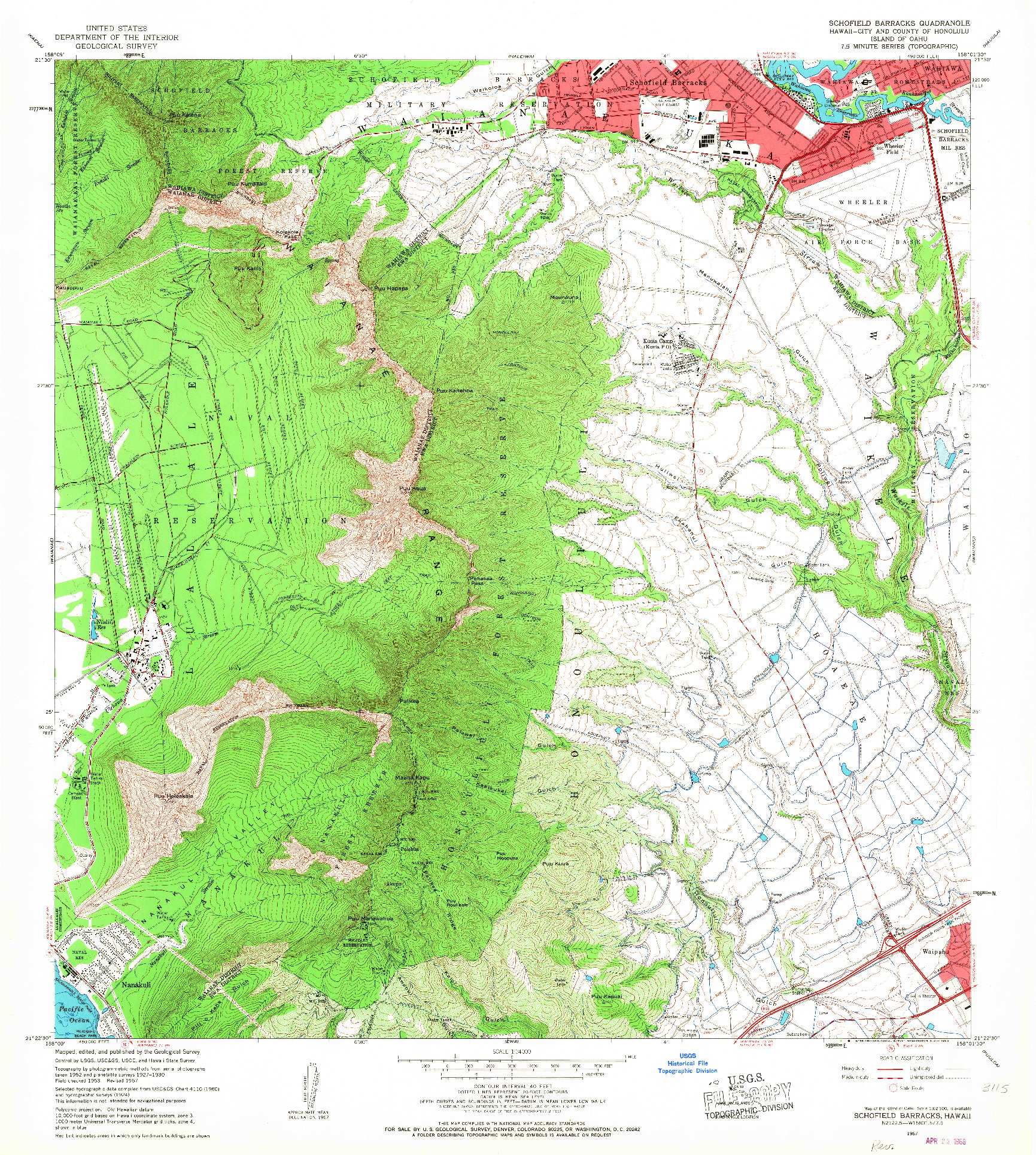 USGS 1:24000-SCALE QUADRANGLE FOR SCHOFIELD BARRACKS, HI 1967