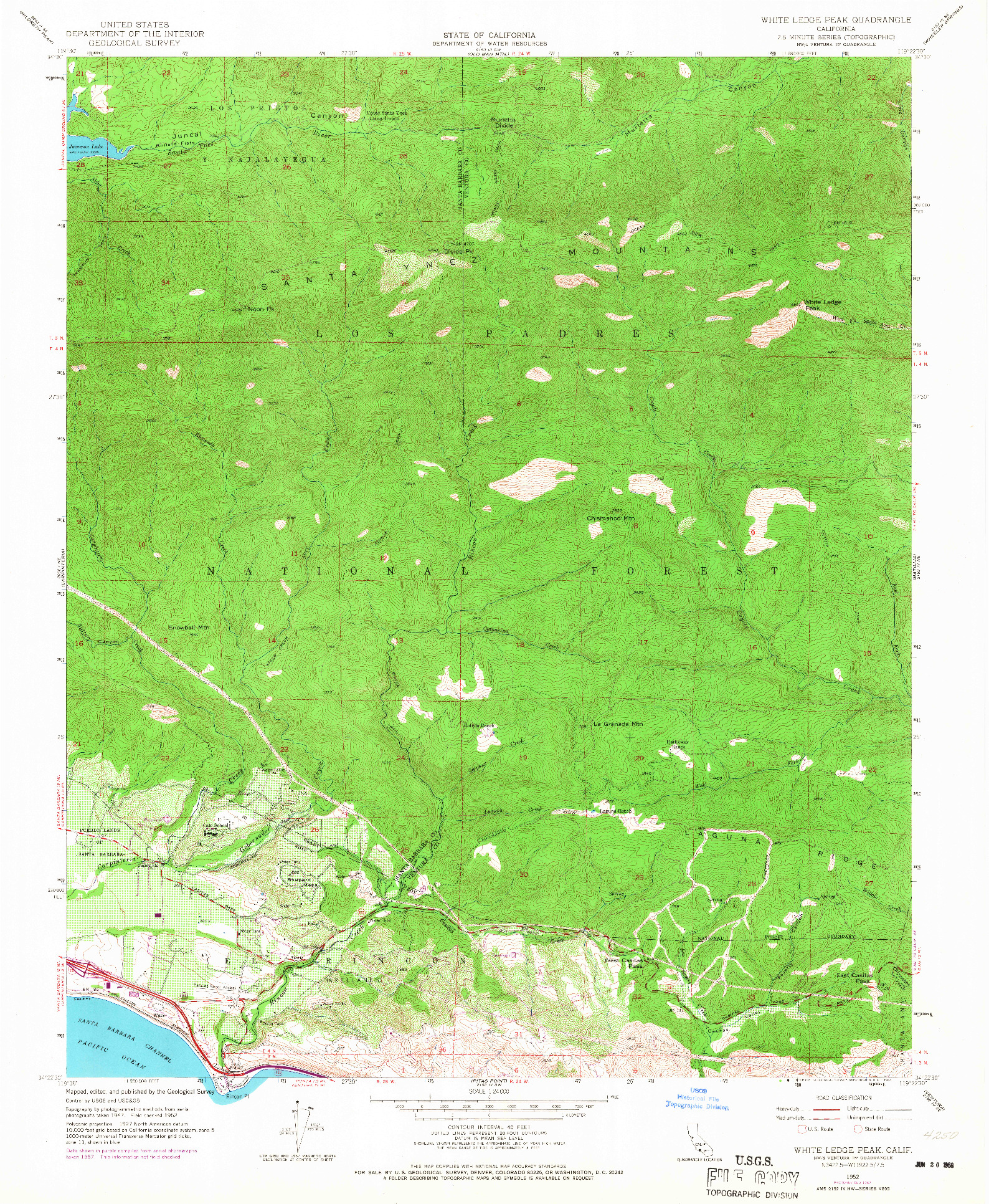 USGS 1:24000-SCALE QUADRANGLE FOR WHITE LEDGE PEAK, CA 1952