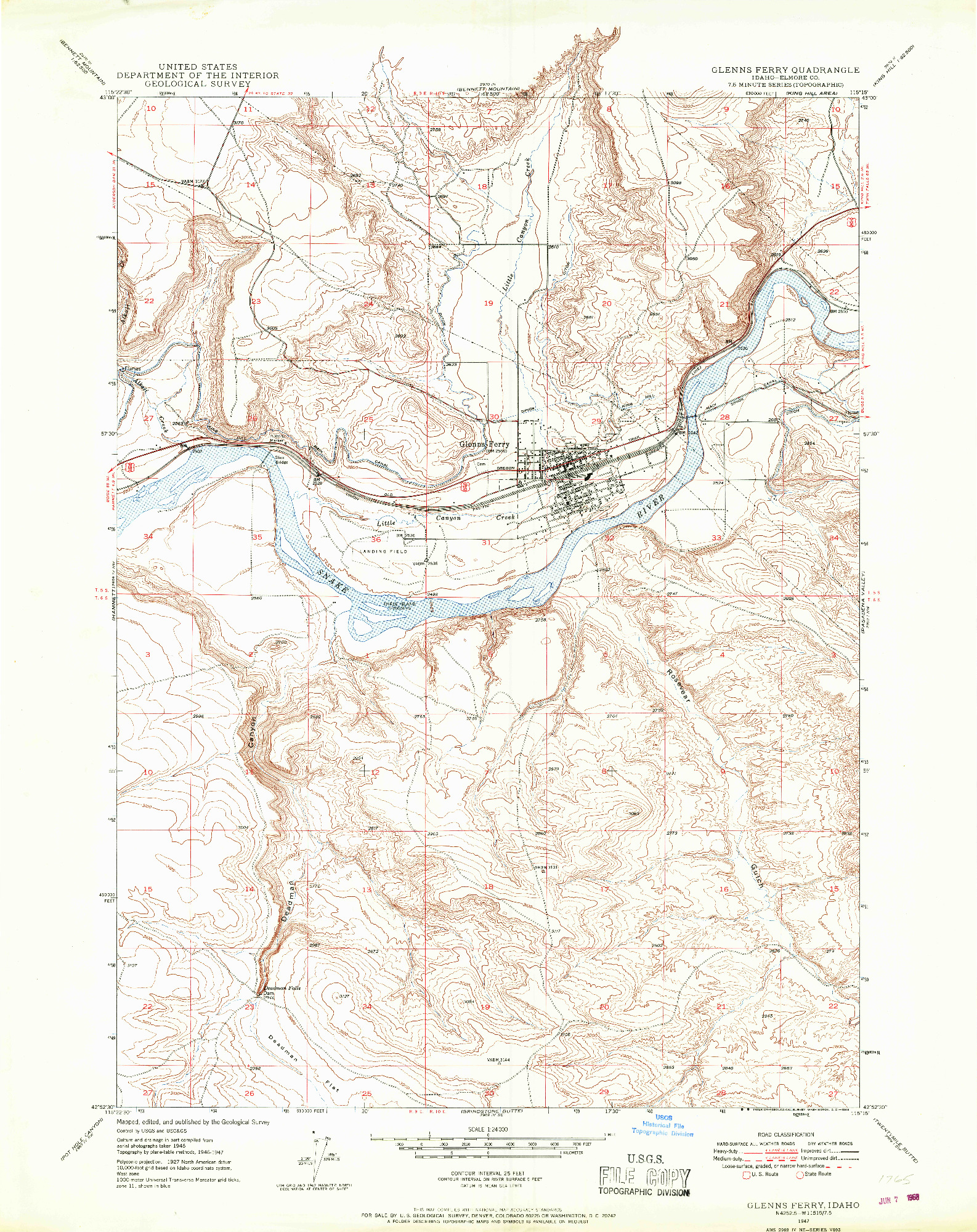 USGS 1:24000-SCALE QUADRANGLE FOR GLENNS FERRY, ID 1947