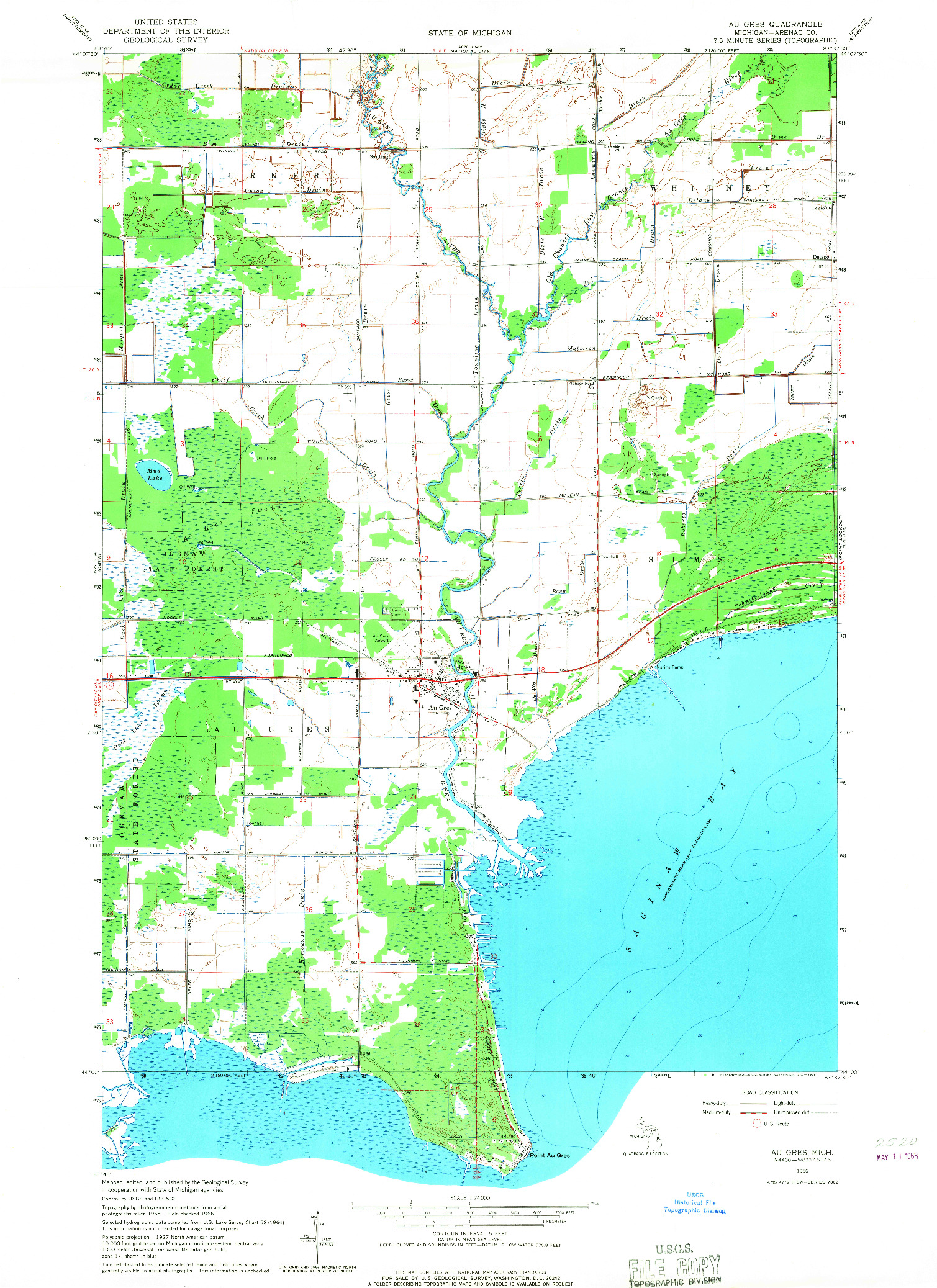 USGS 1:24000-SCALE QUADRANGLE FOR AU GRES, MI 1966