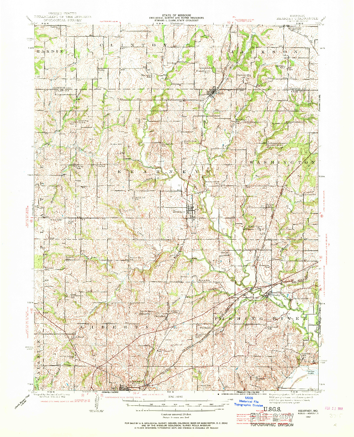 USGS 1:62500-SCALE QUADRANGLE FOR KEARNEY, MO 1942