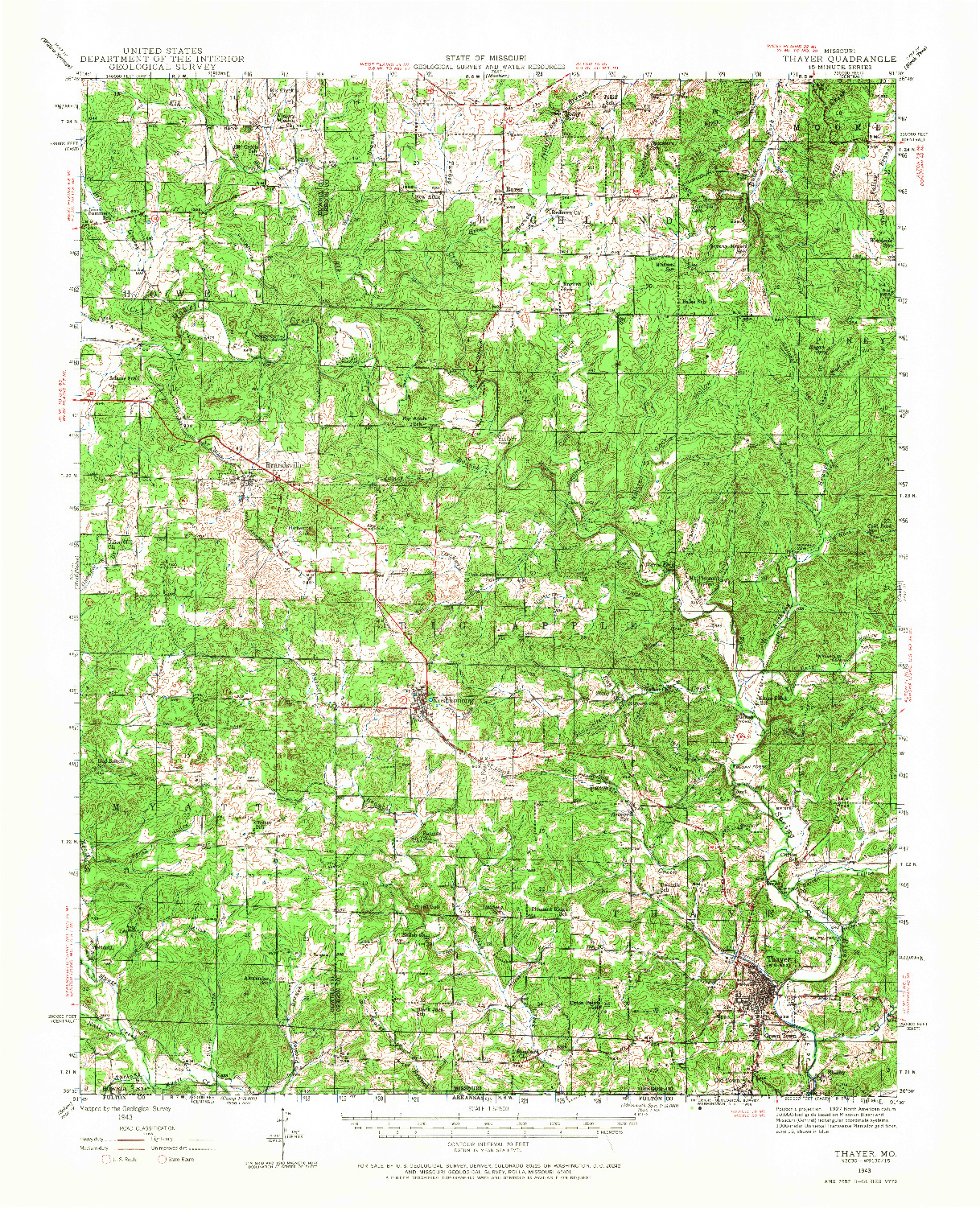 USGS 1:62500-SCALE QUADRANGLE FOR THAYER, MO 1943