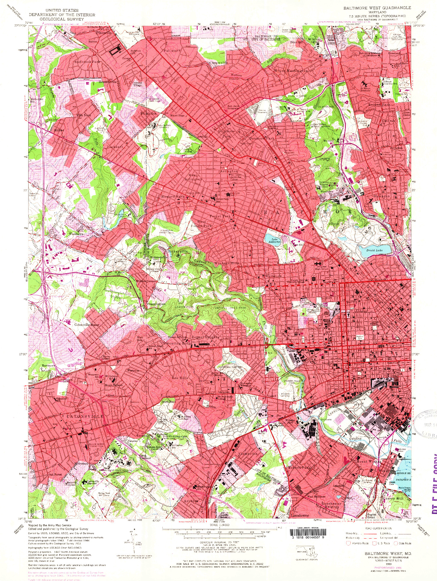 USGS 1:24000-SCALE QUADRANGLE FOR BALTIMORE WEST, MD 1953