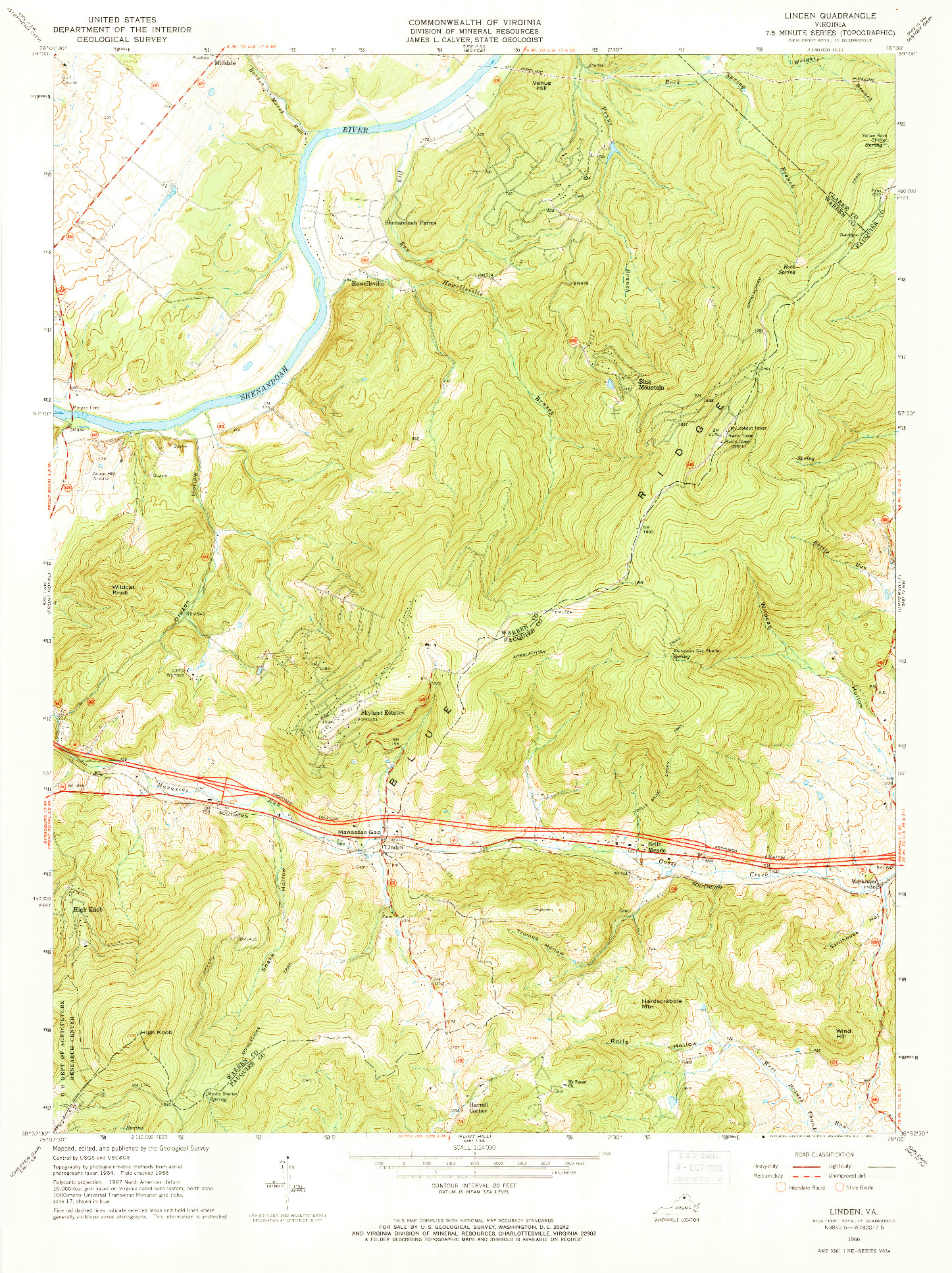 USGS 1:24000-SCALE QUADRANGLE FOR LINDEN, VA 1966