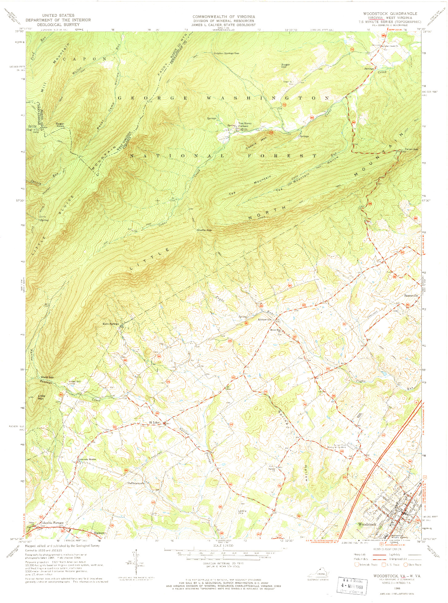 USGS 1:24000-SCALE QUADRANGLE FOR WOODSTOCK, VA 1966