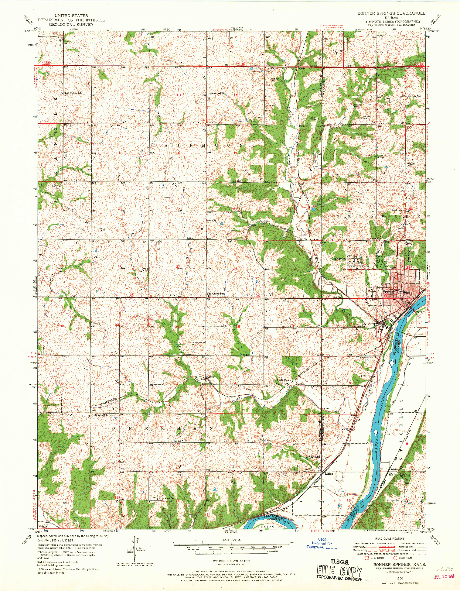 USGS 1:24000-SCALE QUADRANGLE FOR BONNER SPRINGS, KS 1950