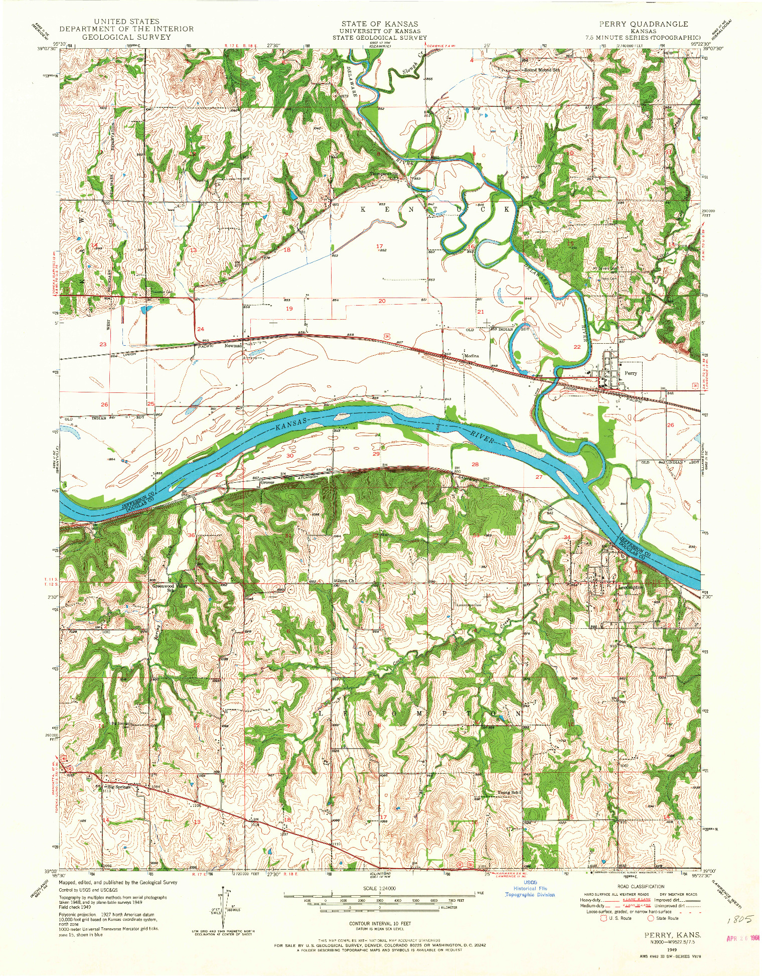 USGS 1:24000-SCALE QUADRANGLE FOR PERRY, KS 1949