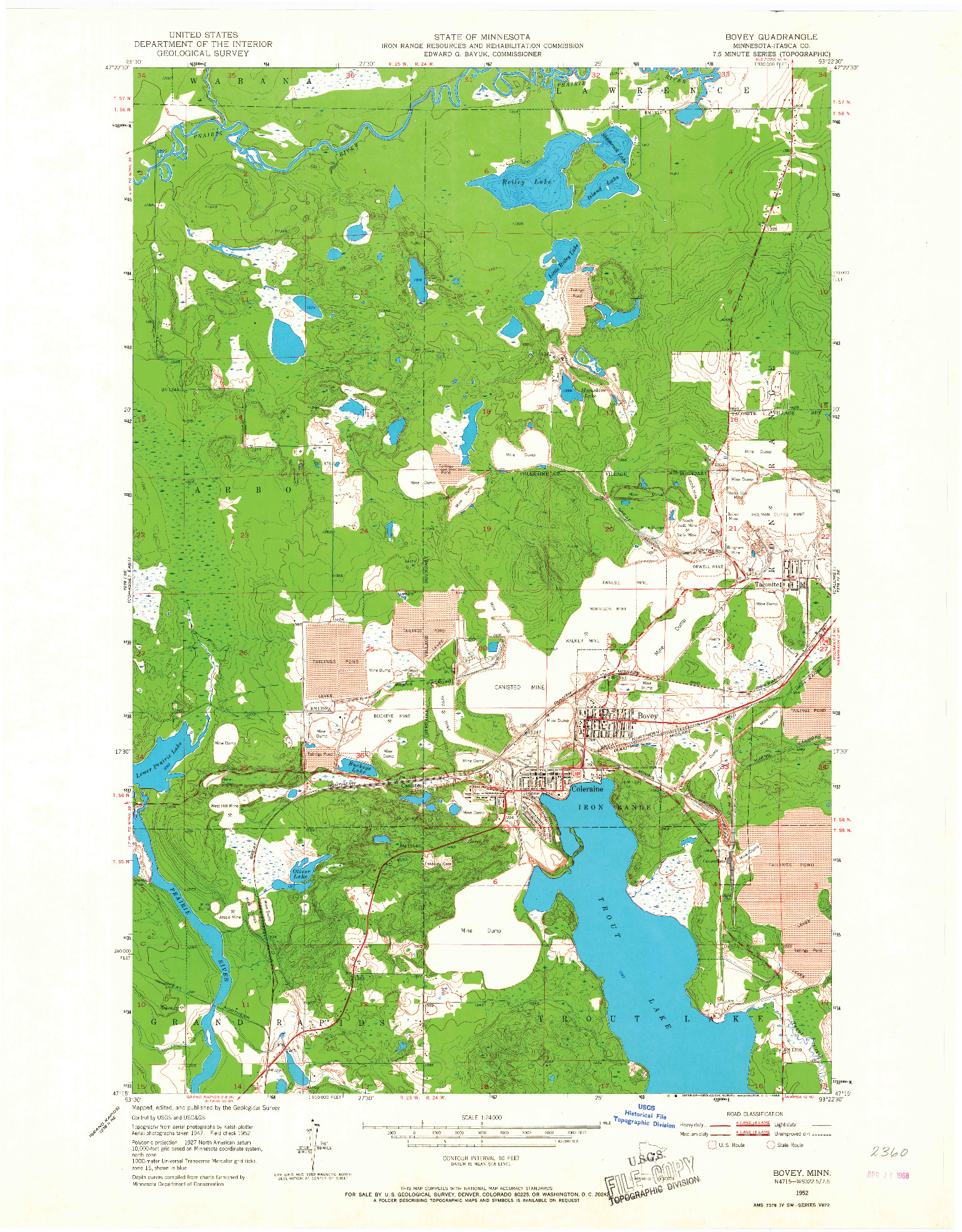 USGS 1:24000-SCALE QUADRANGLE FOR BOVEY, MN 1952