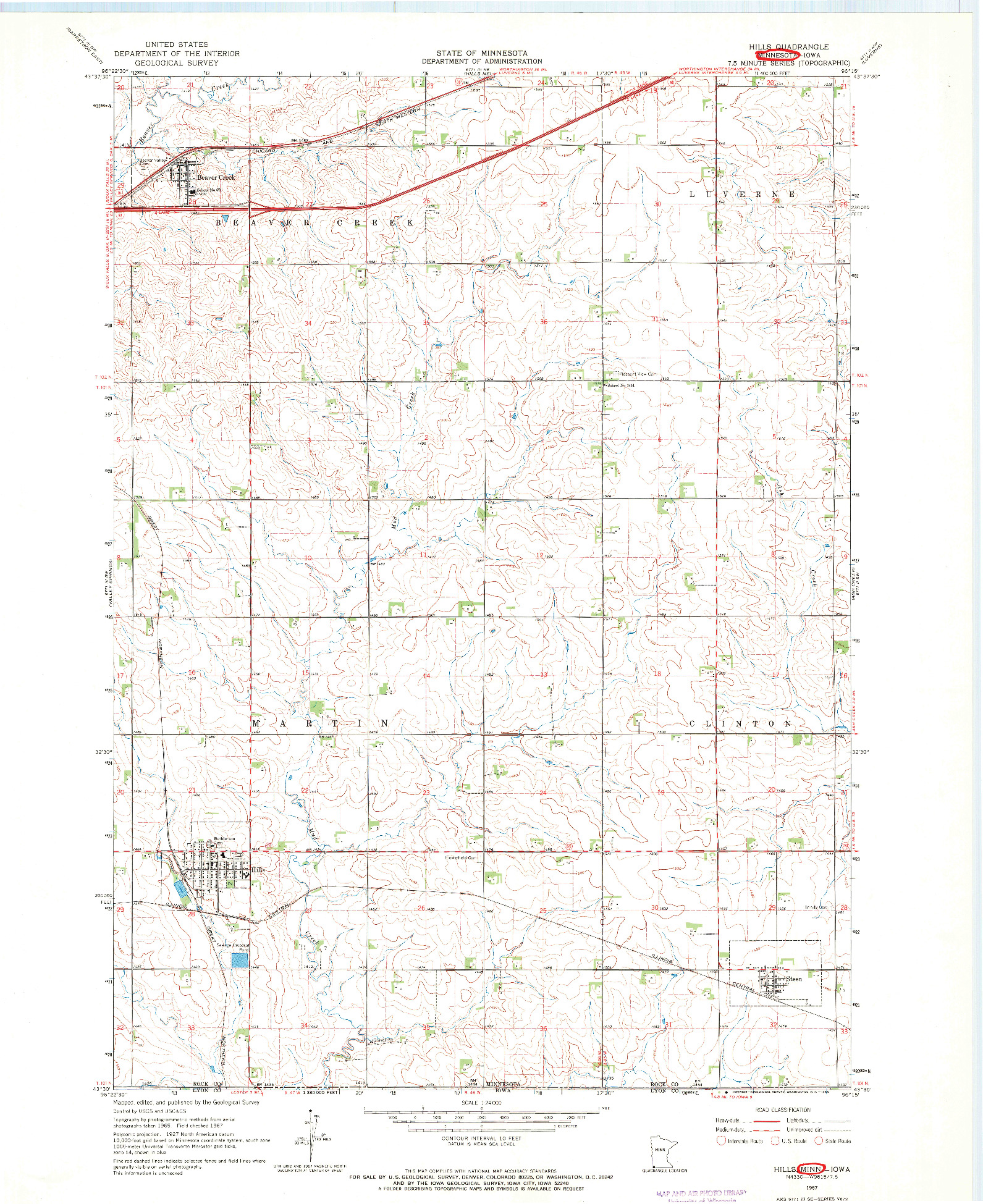 USGS 1:24000-SCALE QUADRANGLE FOR HILLS, MN 1967