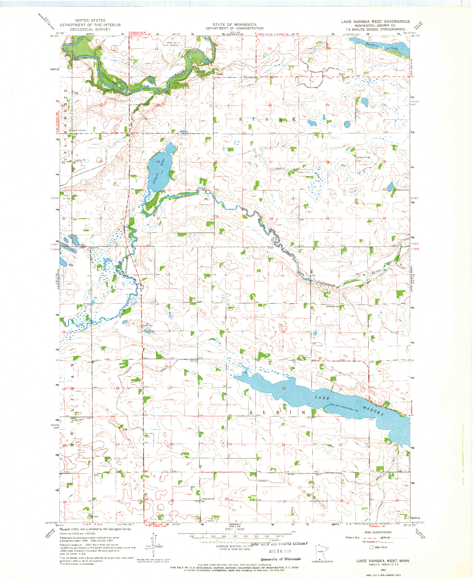 USGS 1:24000-SCALE QUADRANGLE FOR LAKE HANSKA WEST, MN 1967