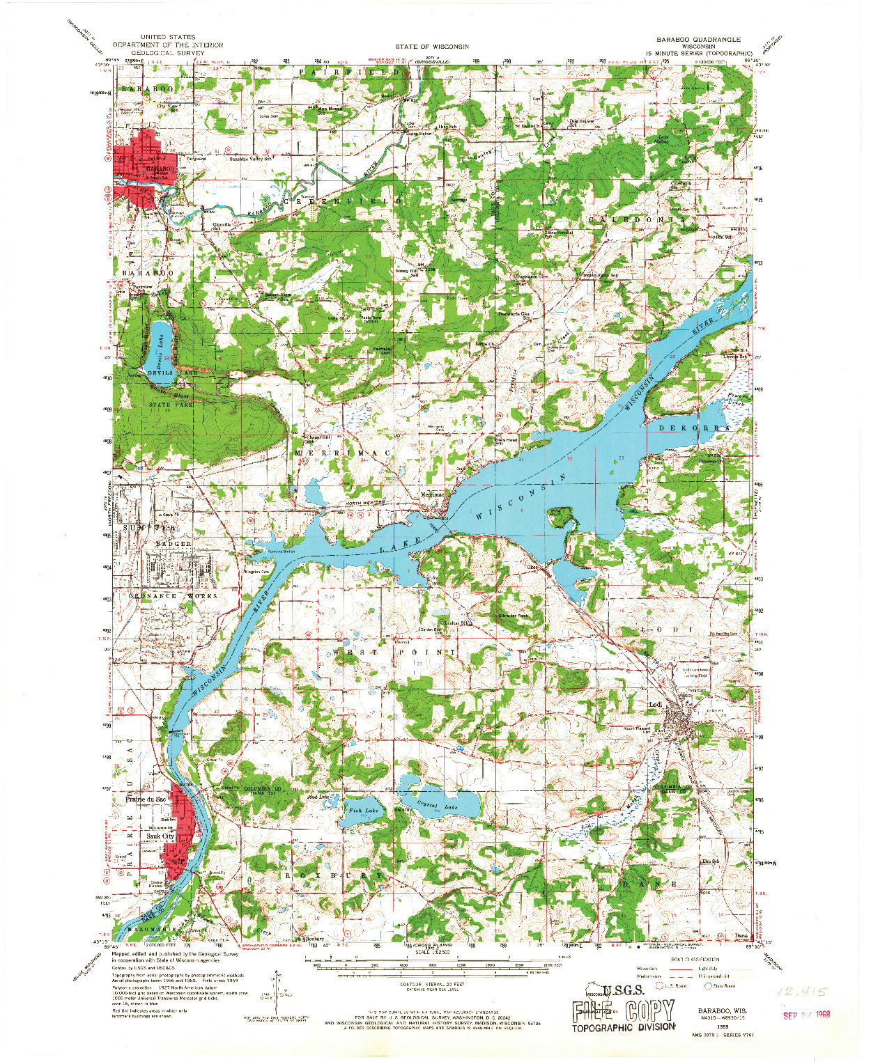 USGS 1:62500-SCALE QUADRANGLE FOR BARABOO, WI 1959