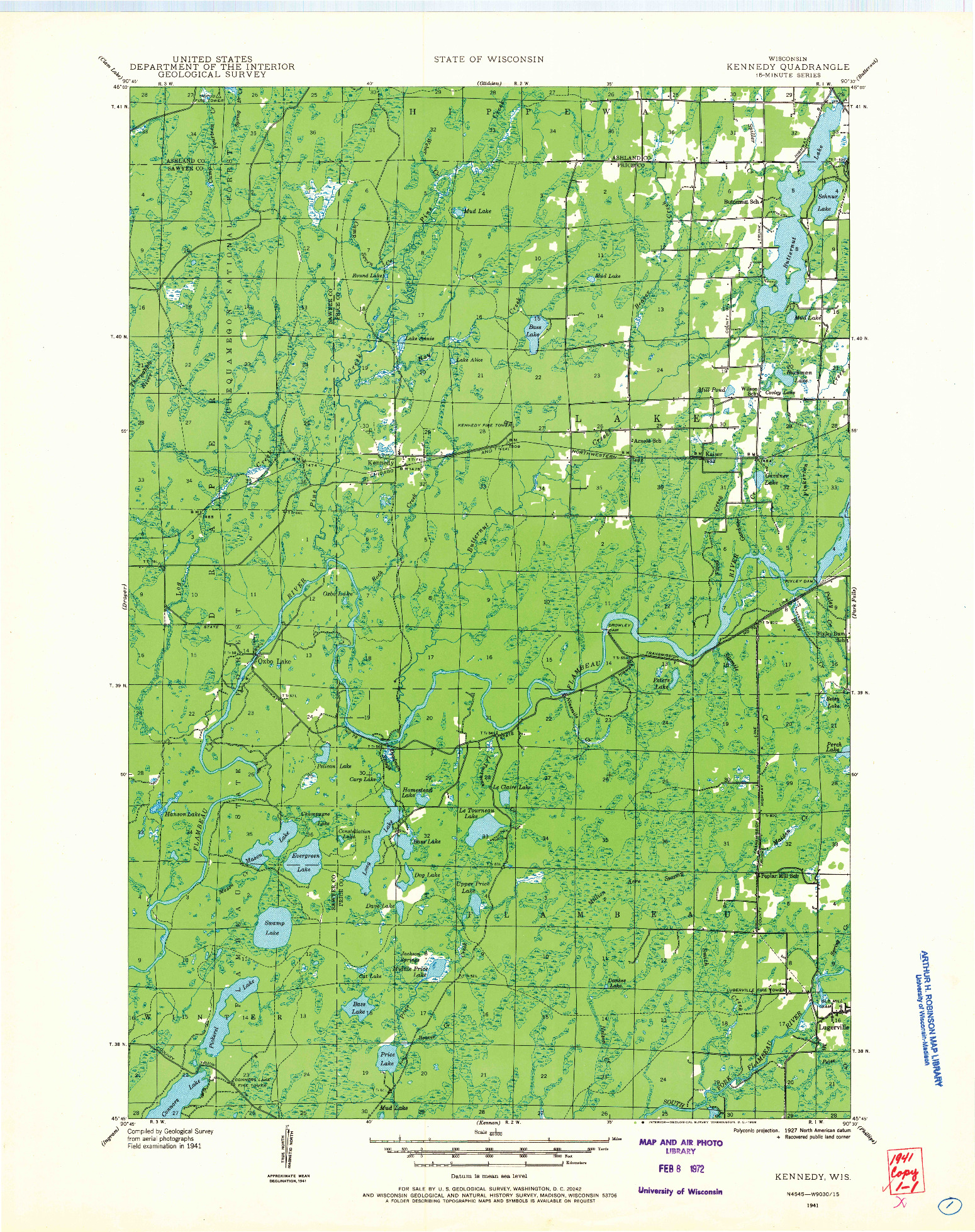 USGS 1:48000-SCALE QUADRANGLE FOR KENNEDY, WI 1941