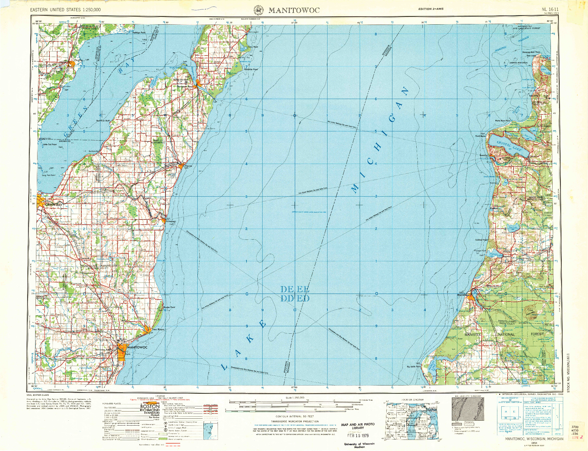 USGS 1:250000-SCALE QUADRANGLE FOR MANITOWOC, WI 1954