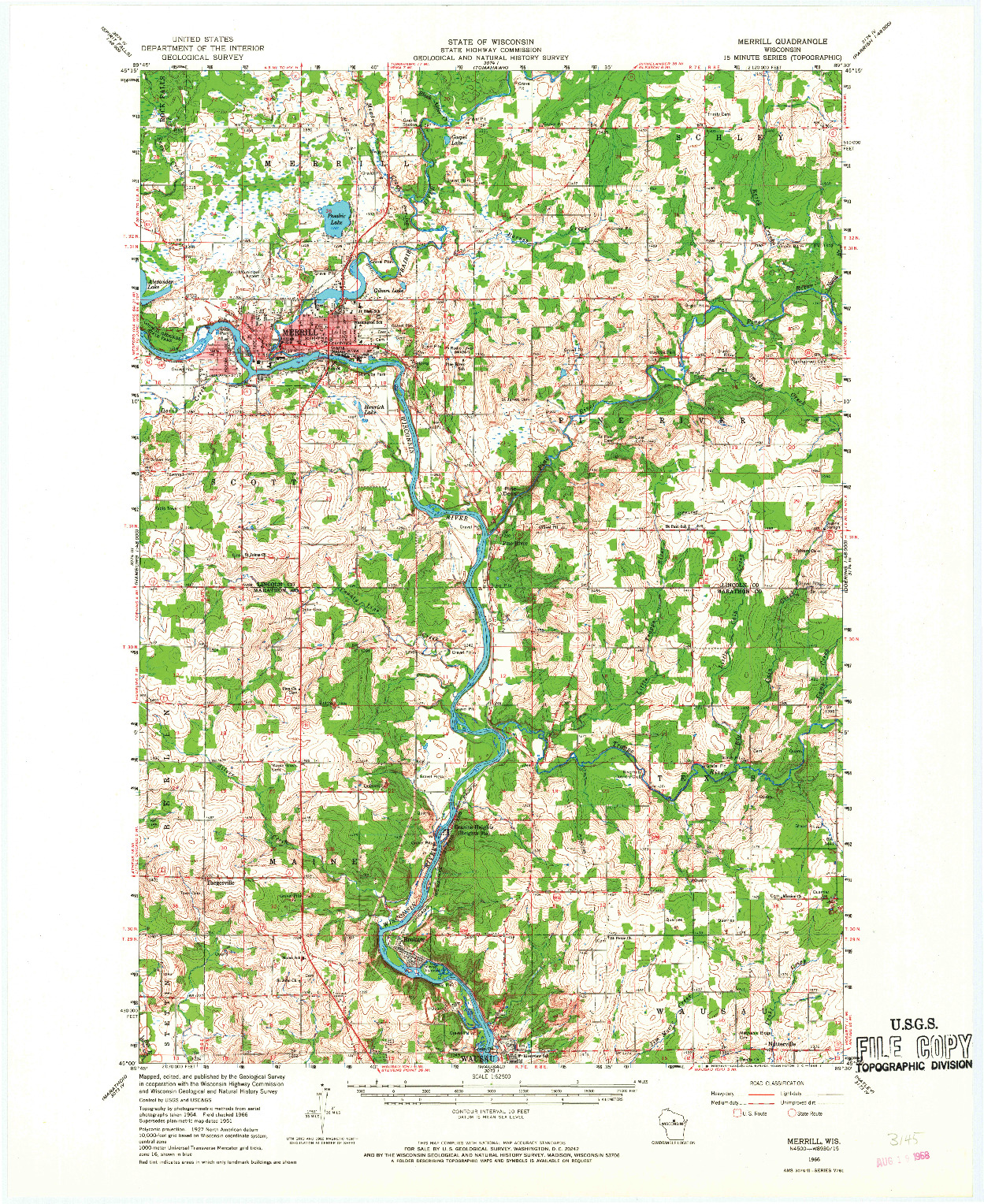 USGS 1:62500-SCALE QUADRANGLE FOR MERRILL, WI 1966
