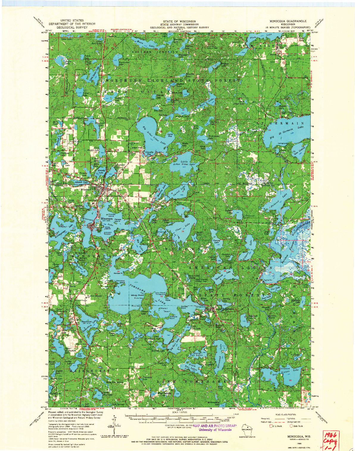 USGS 1:62500-SCALE QUADRANGLE FOR MINOCQUA, WI 1966