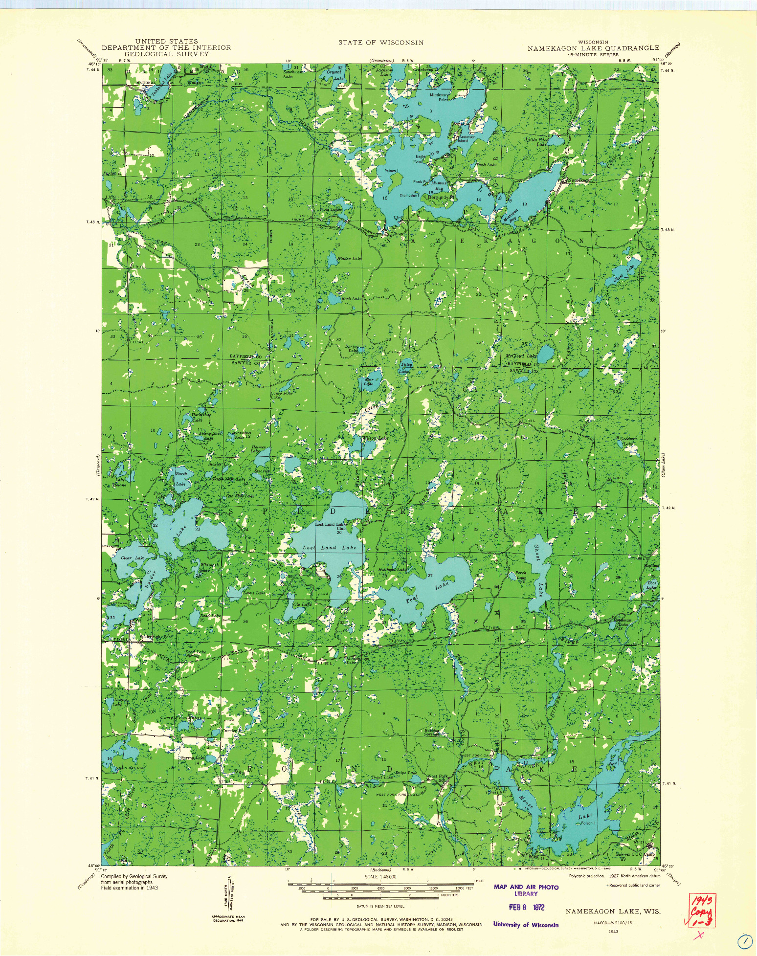 USGS 1:48000-SCALE QUADRANGLE FOR NAMEKAGON LAKE, WI 1943