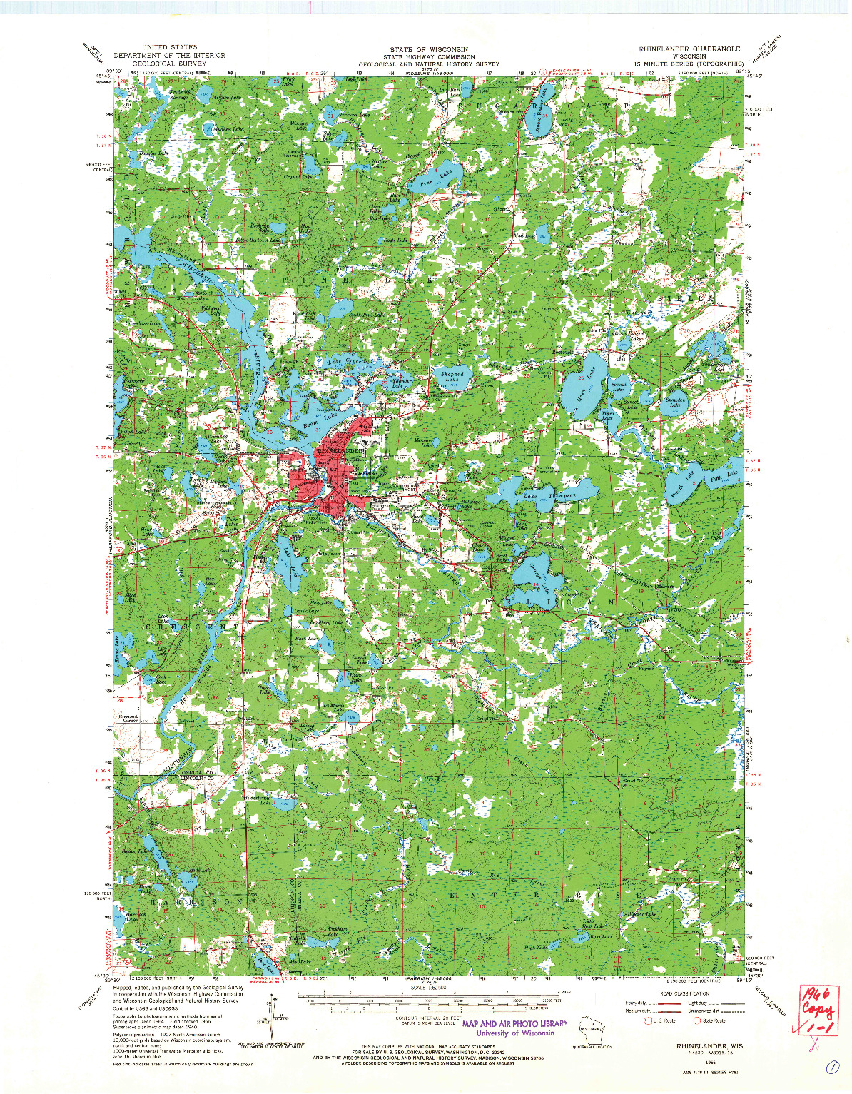 USGS 1:62500-SCALE QUADRANGLE FOR RHINELANDER, WI 1966