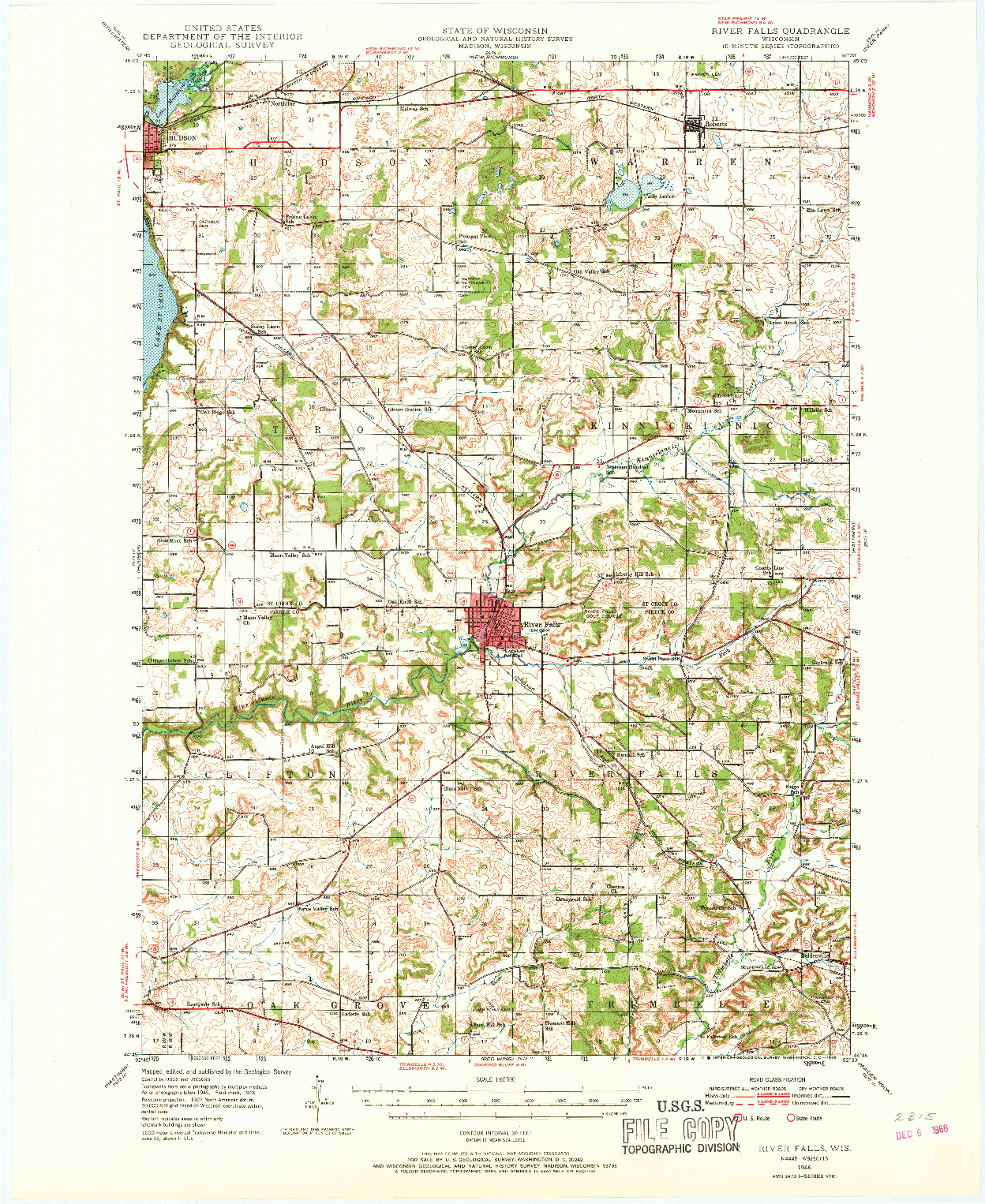 USGS 1:62500-SCALE QUADRANGLE FOR RIVER FALLS, WI 1946