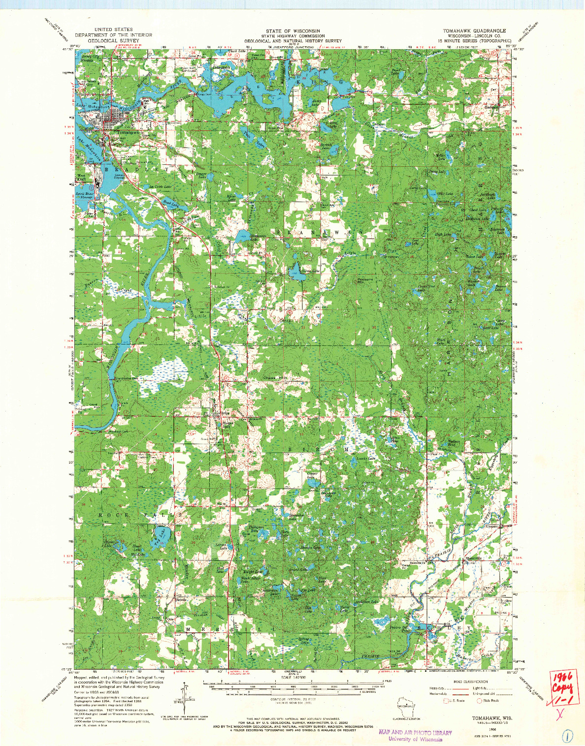 USGS 1:62500-SCALE QUADRANGLE FOR TOMAHAWK, WI 1966