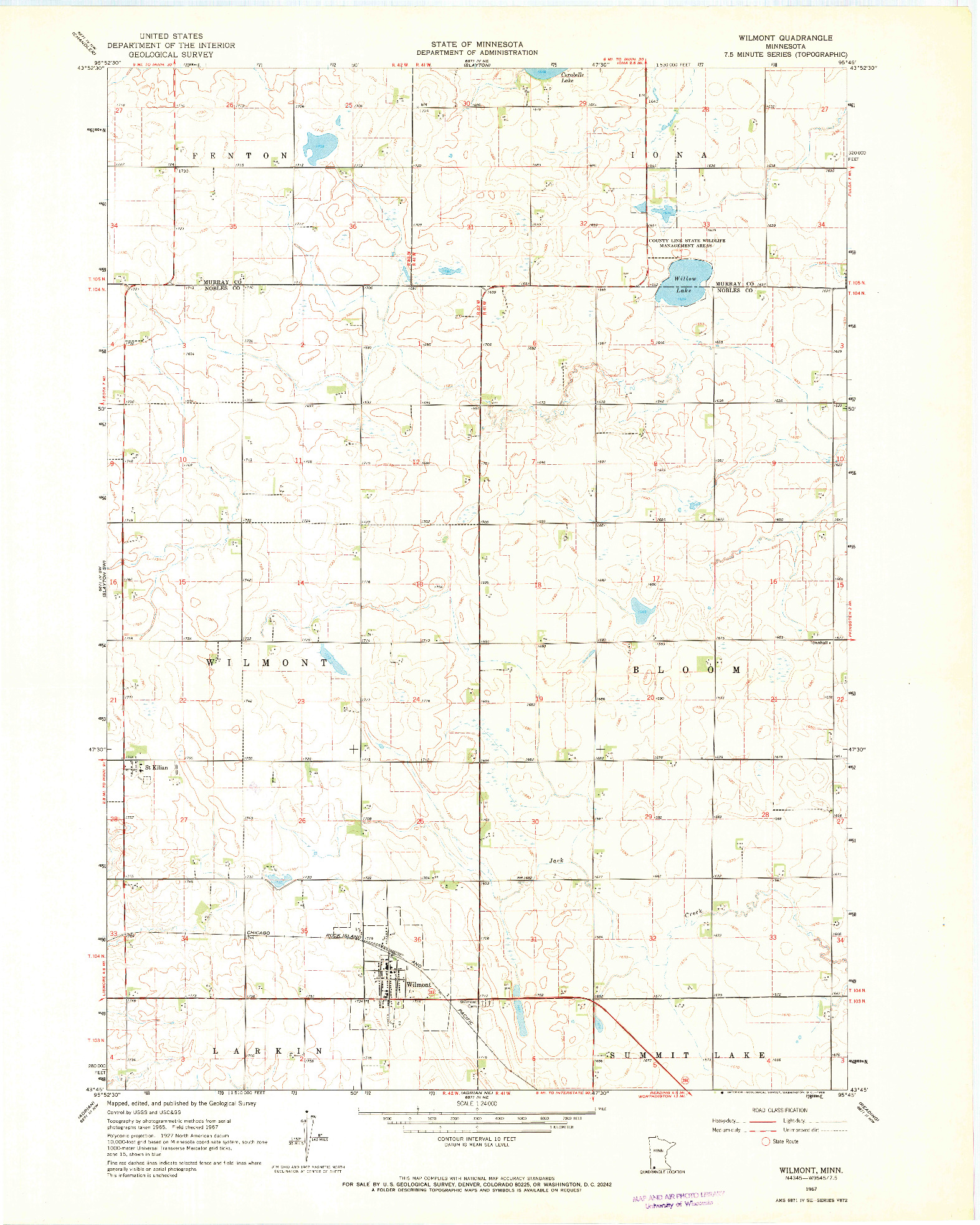 USGS 1:24000-SCALE QUADRANGLE FOR WILMONT, MN 1967