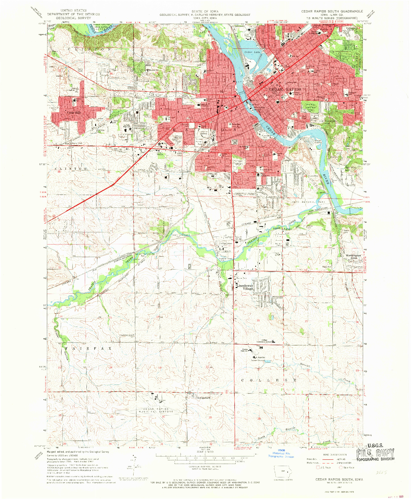 USGS 1:24000-SCALE QUADRANGLE FOR CEDAR RAPIDS SOUTH, IA 1967