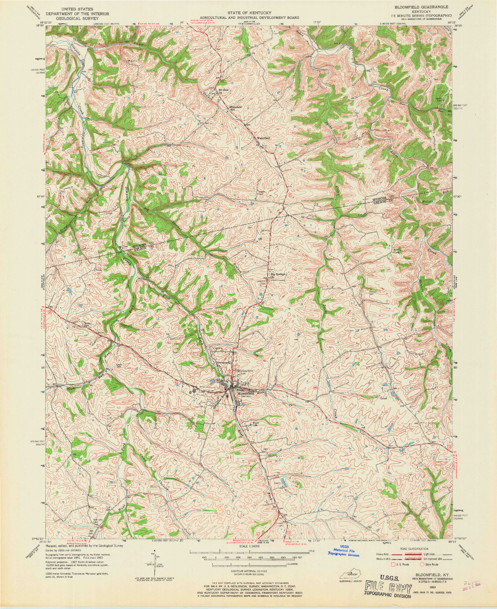 USGS 1:24000-SCALE QUADRANGLE FOR BLOOMFIELD, KY 1953