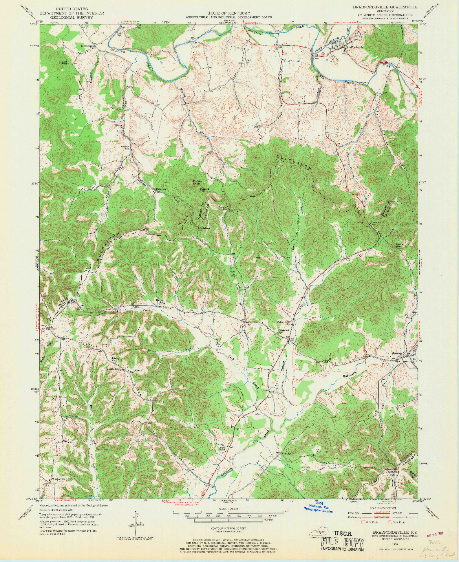 USGS 1:24000-SCALE QUADRANGLE FOR BRADFORDSVILLE, KY 1952
