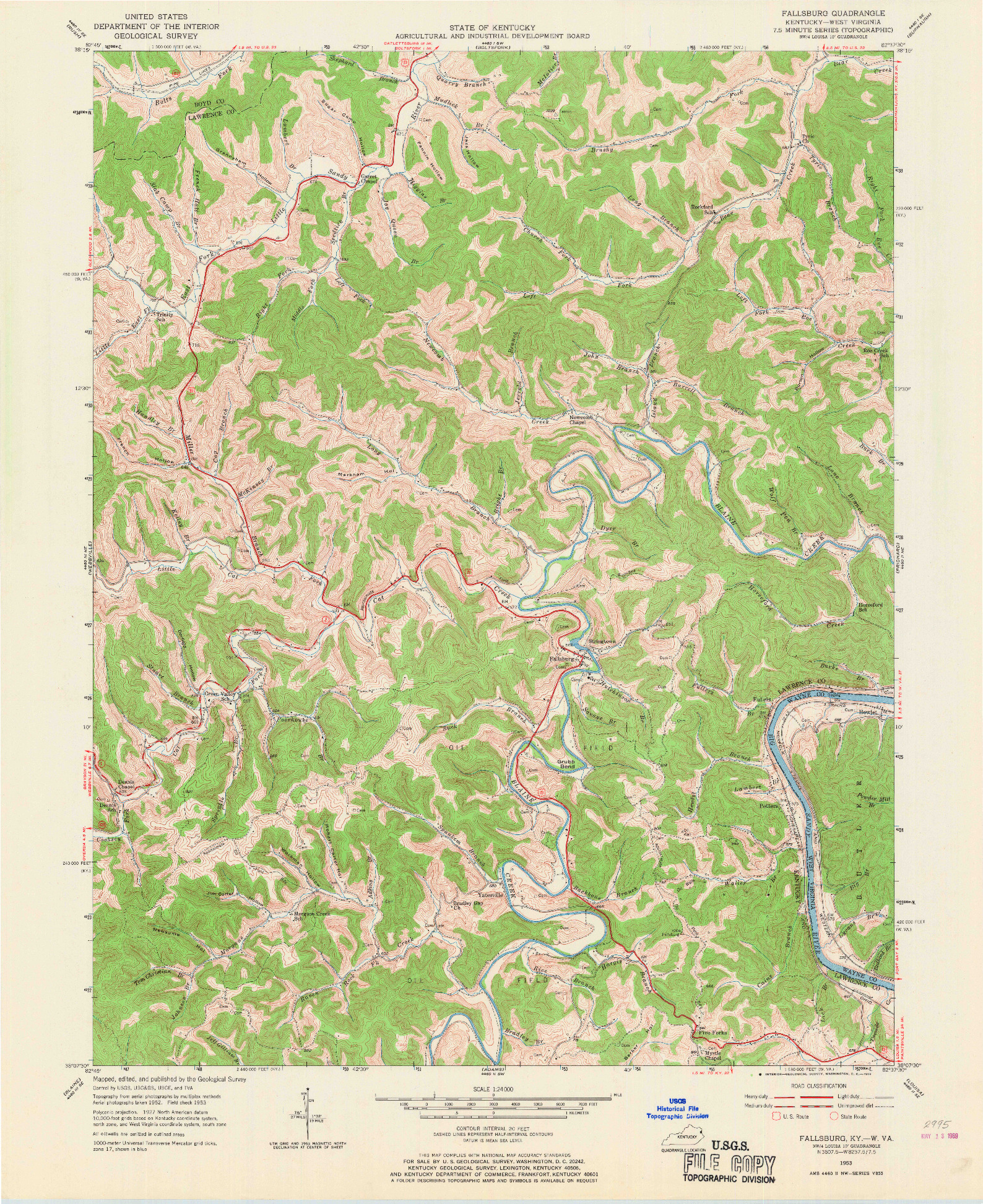 USGS 1:24000-SCALE QUADRANGLE FOR FALLSBURG, KY 1953