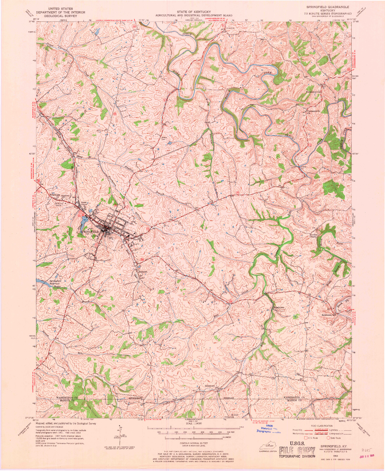 USGS 1:24000-SCALE QUADRANGLE FOR SPRINGFIELD, KY 1953