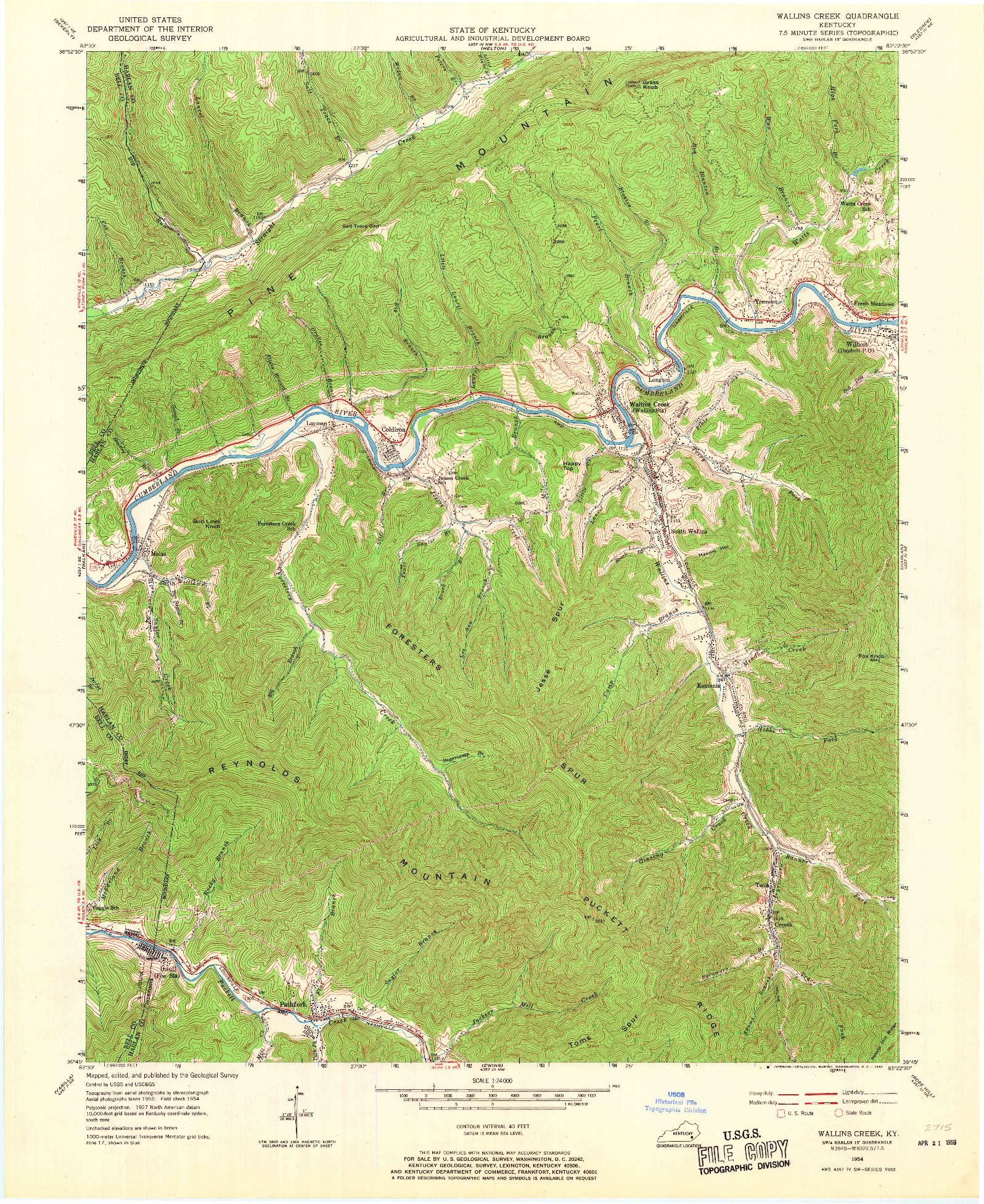 USGS 1:24000-SCALE QUADRANGLE FOR WALLINS CREEK, KY 1954