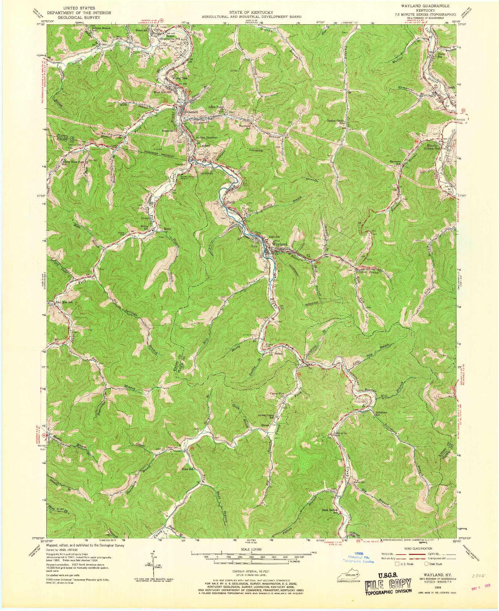 USGS 1:24000-SCALE QUADRANGLE FOR WAYLAND, KY 1954