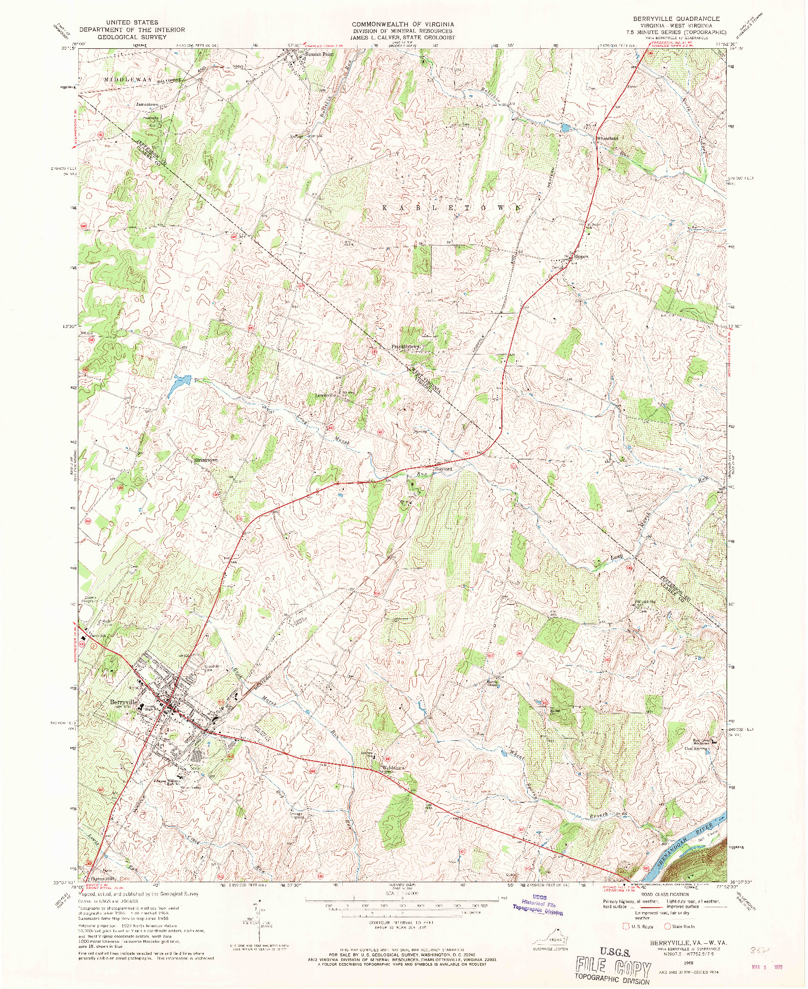 USGS 1:24000-SCALE QUADRANGLE FOR BERRYVILLE, VA 1968