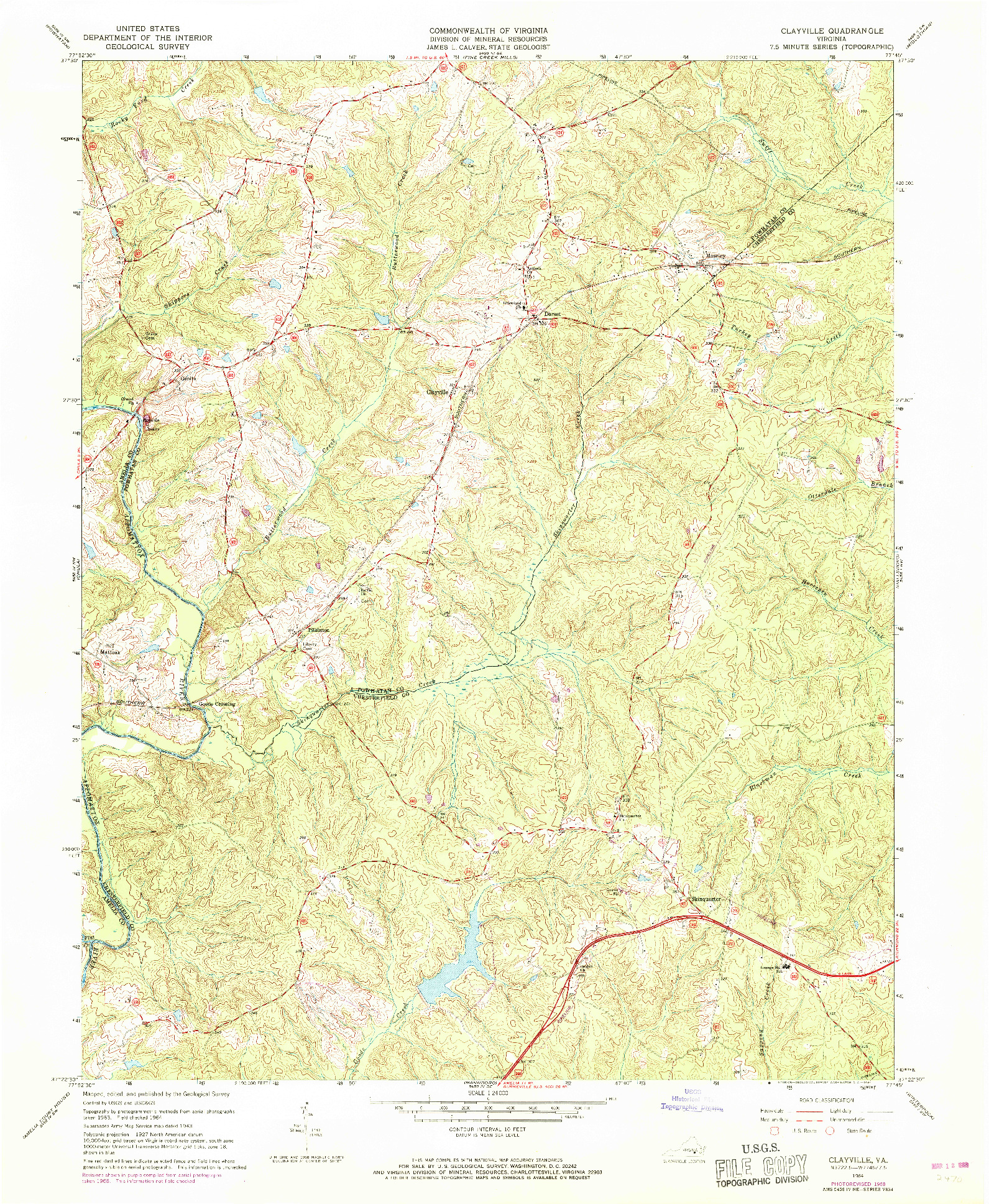 USGS 1:24000-SCALE QUADRANGLE FOR CLAYVILLE, VA 1964