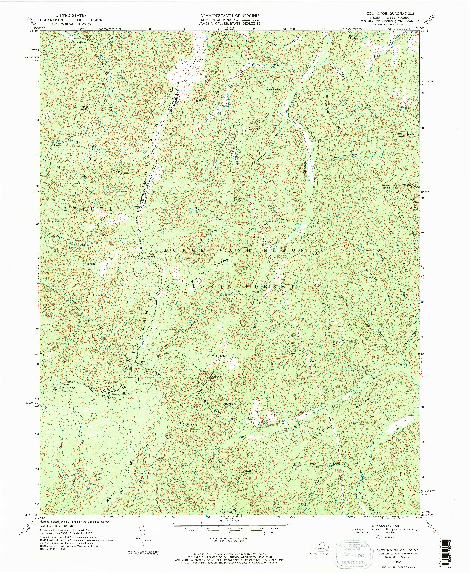 USGS 1:24000-SCALE QUADRANGLE FOR COW KNOB, VA 1967