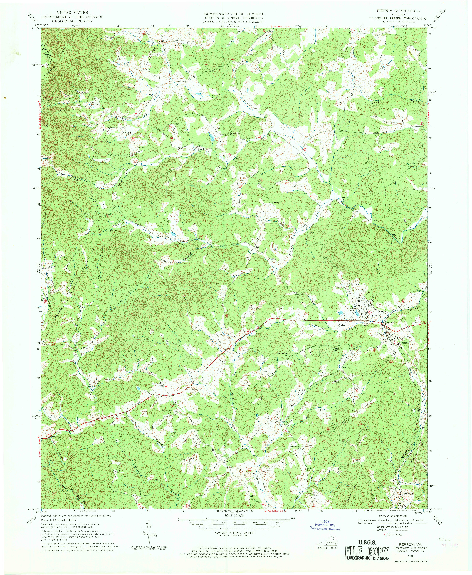 USGS 1:24000-SCALE QUADRANGLE FOR FERRUM, VA 1967