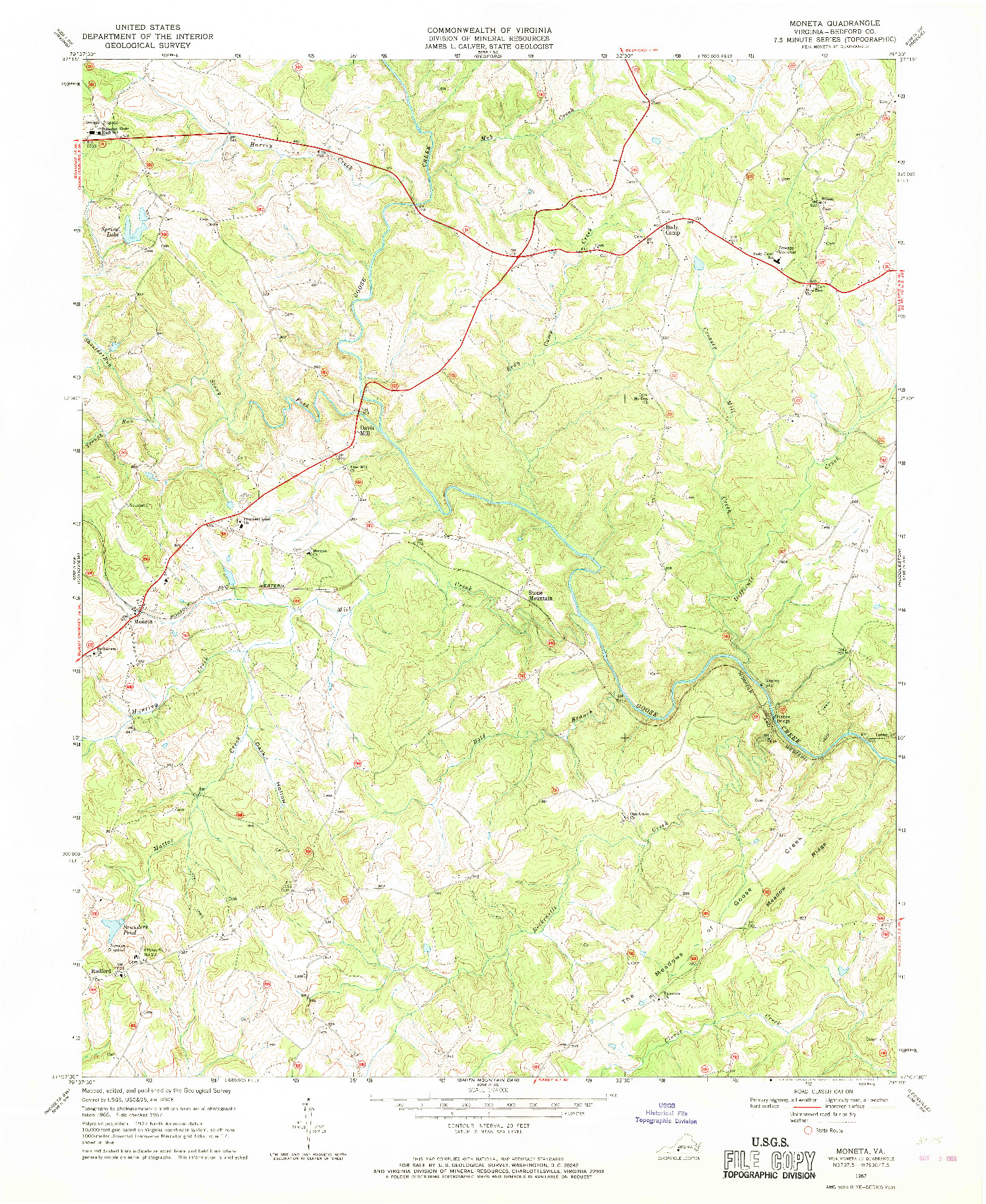 USGS 1:24000-SCALE QUADRANGLE FOR MONETA, VA 1967