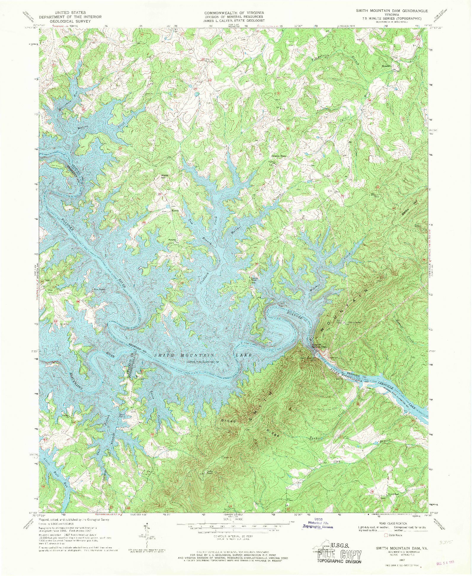 USGS 1:24000-SCALE QUADRANGLE FOR SMITH MOUNTAIN DAM, VA 1967