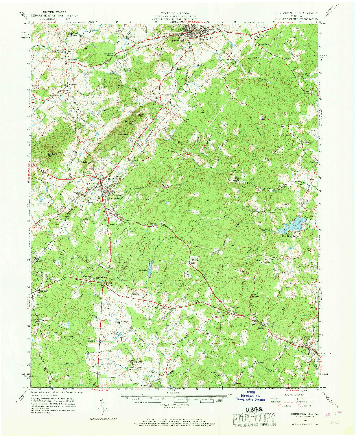 USGS 1:62500-SCALE QUADRANGLE FOR GORDONSVILLE, VA 1961